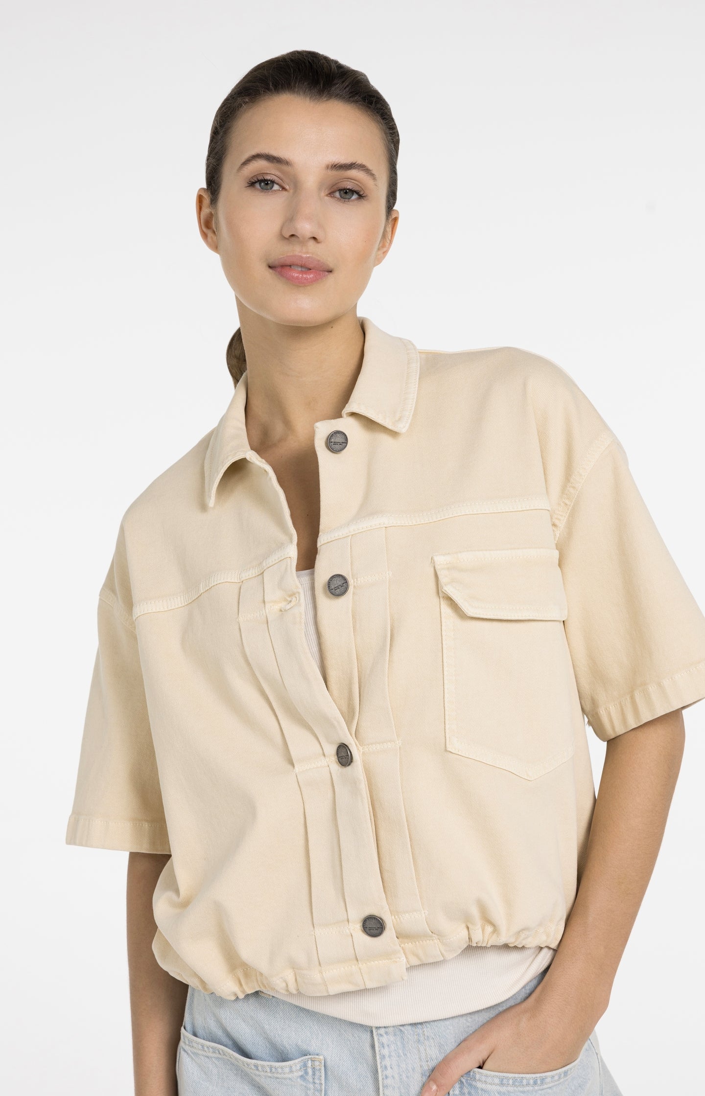 Oversized denim worker jacket with short sleeves