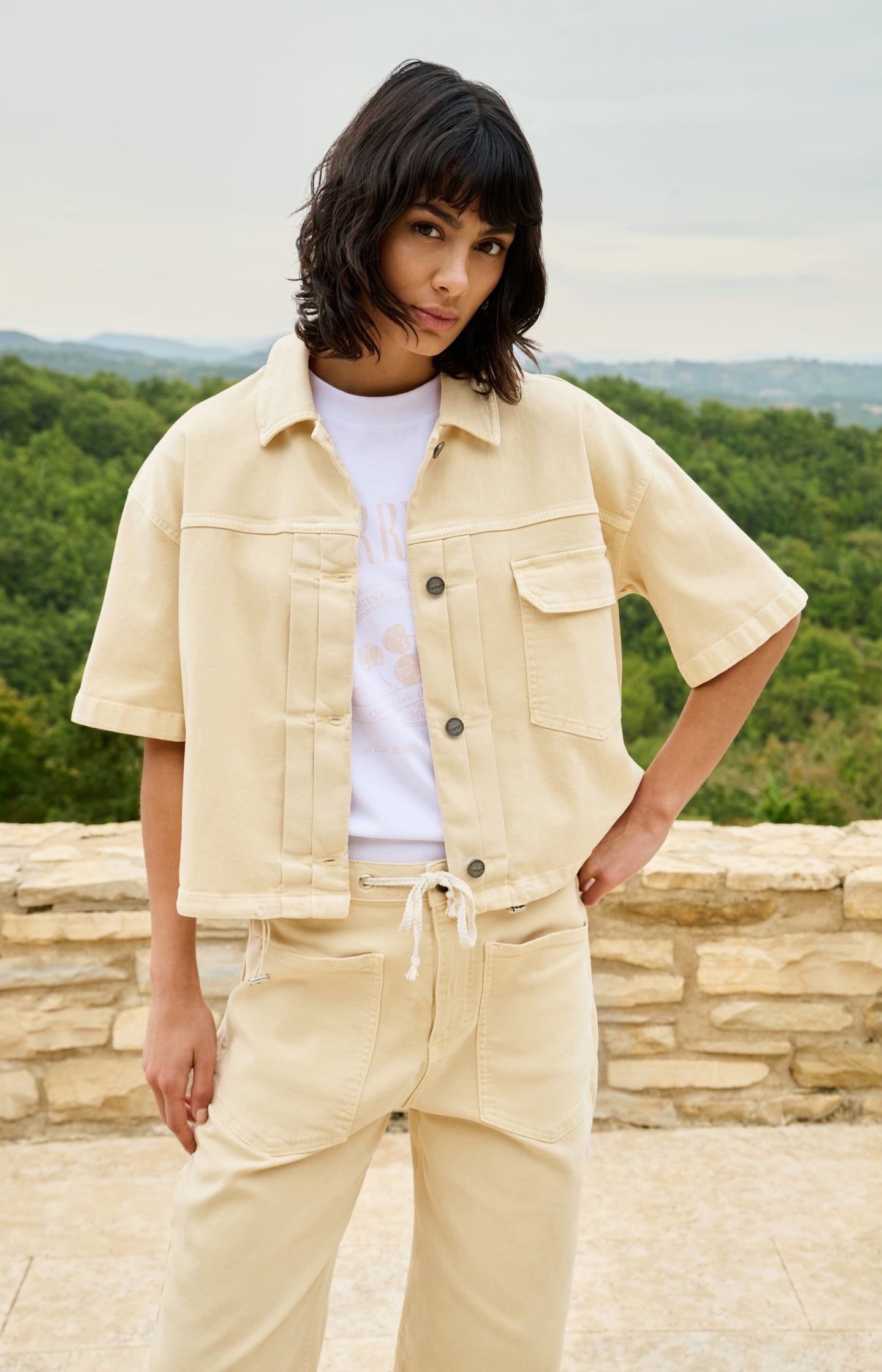 Oversized denim worker jacket with short sleeves