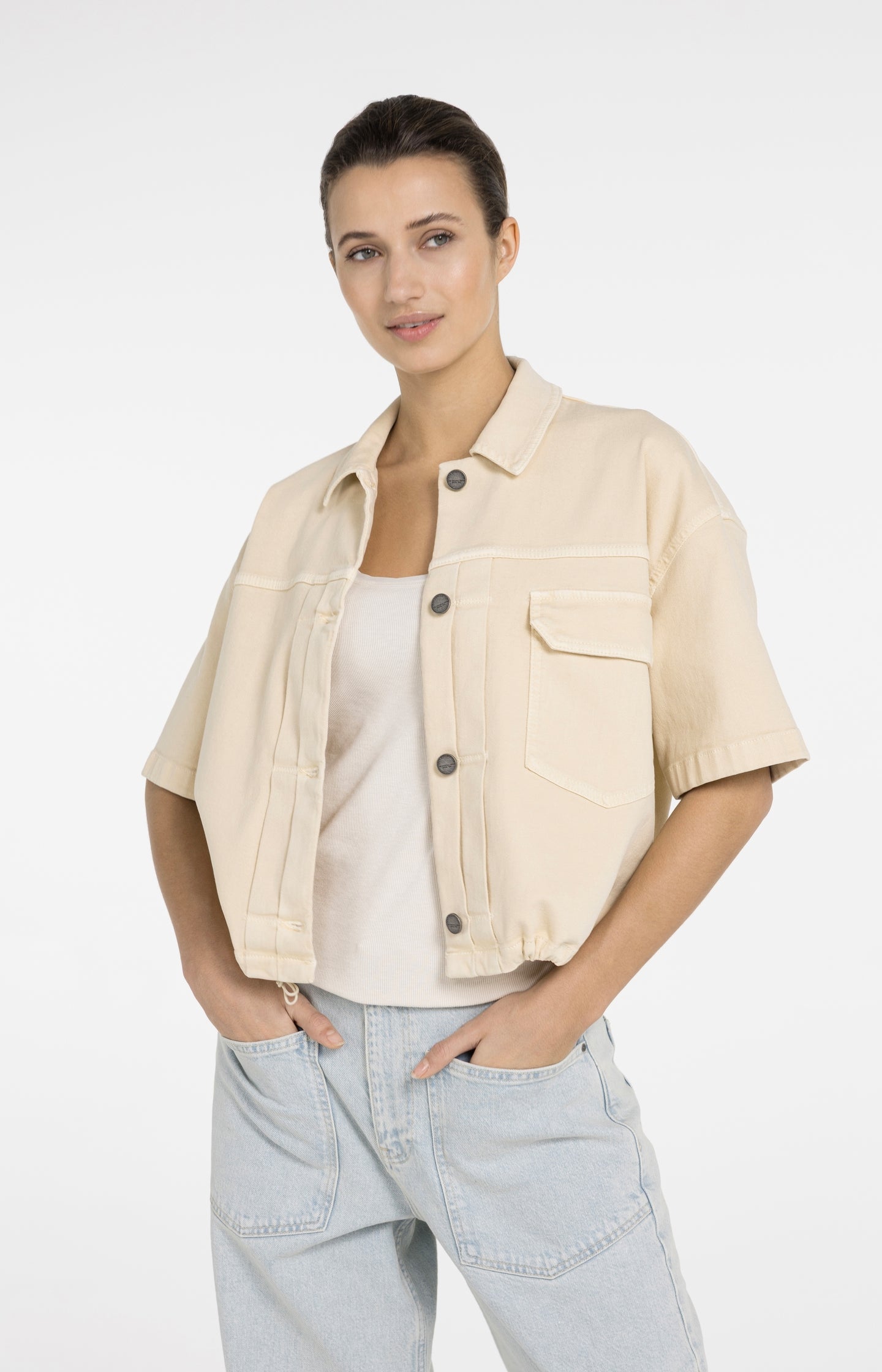 Oversized denim worker jacket with short sleeves