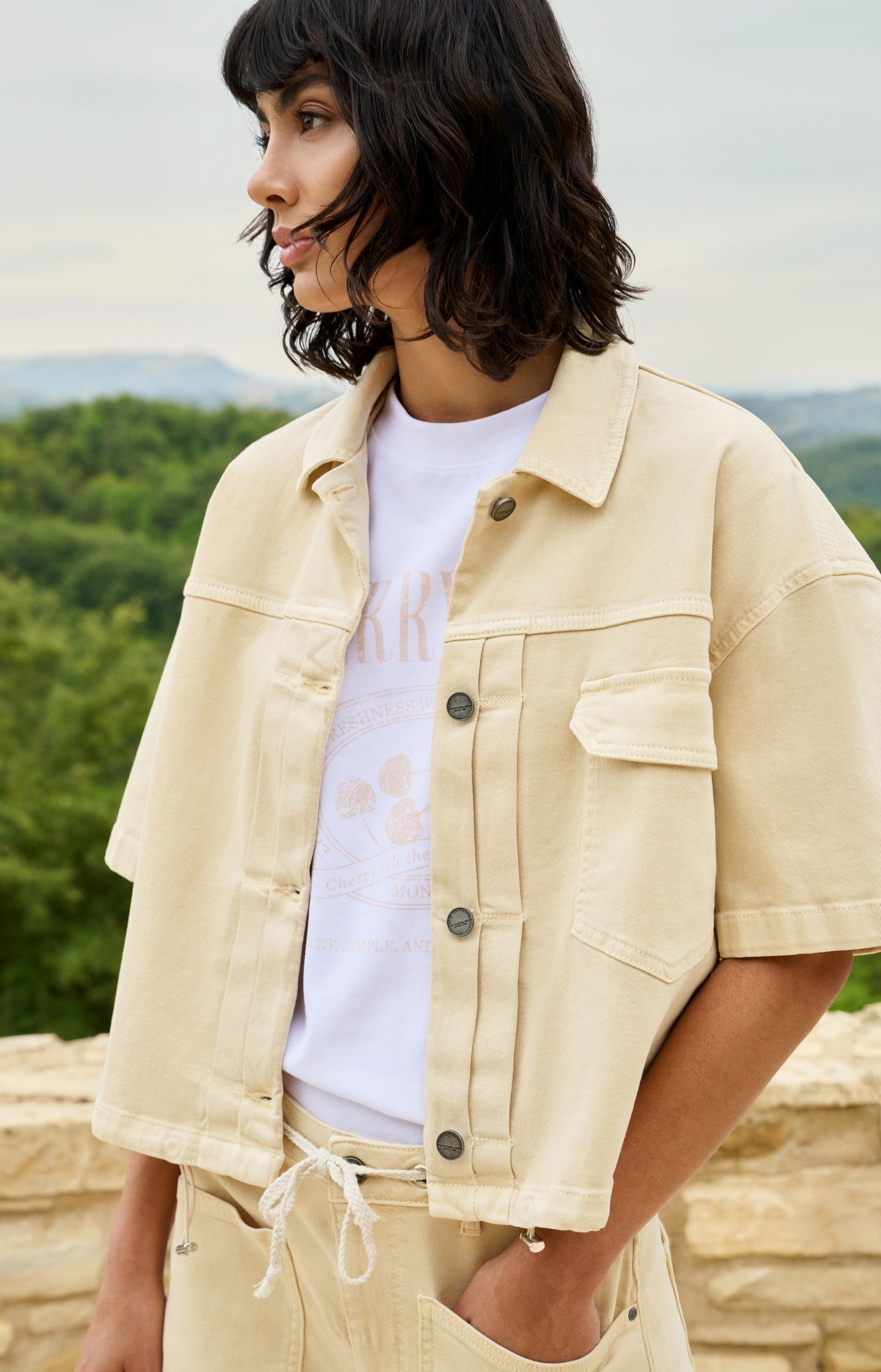 Oversized denim worker jacket with short sleeves