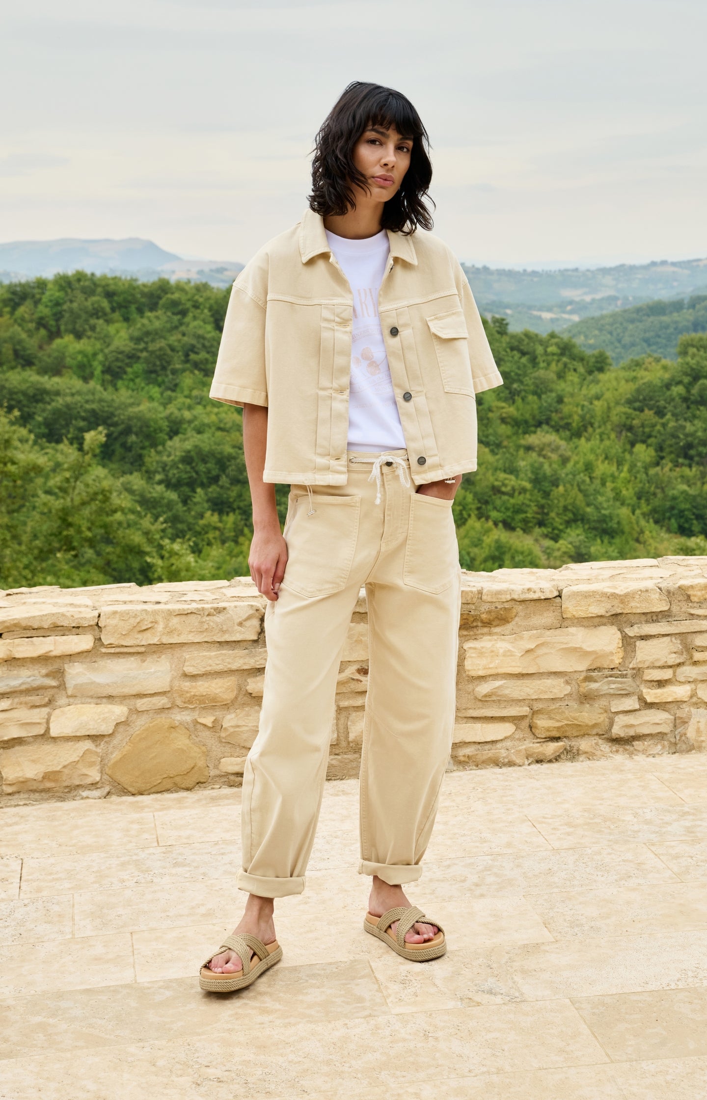 Oversized denim worker jacket with short sleeves