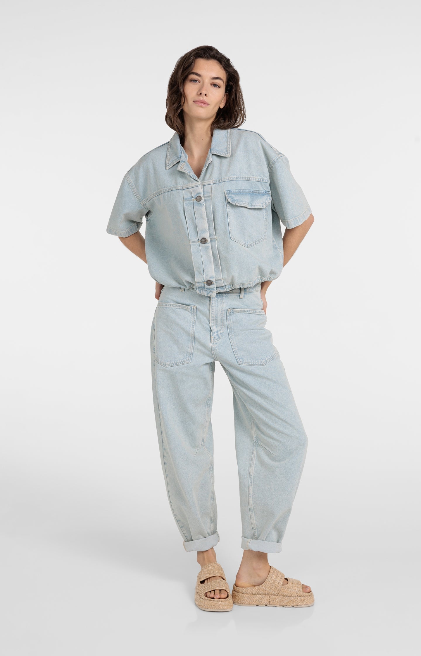 Oversized denim worker jacket with short sleeves - Type: lookbook