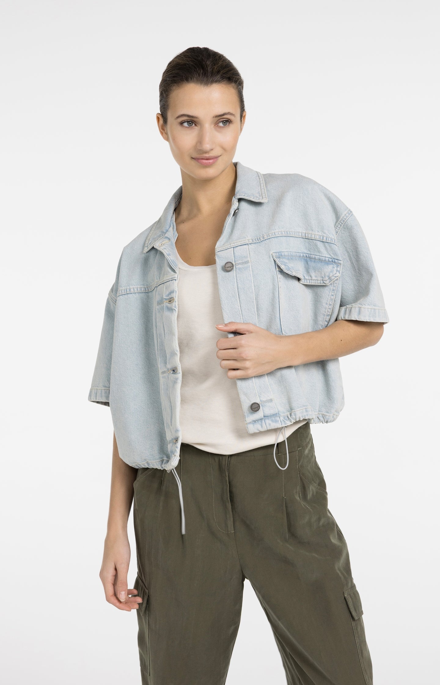 Oversized denim worker jacket with short sleeves