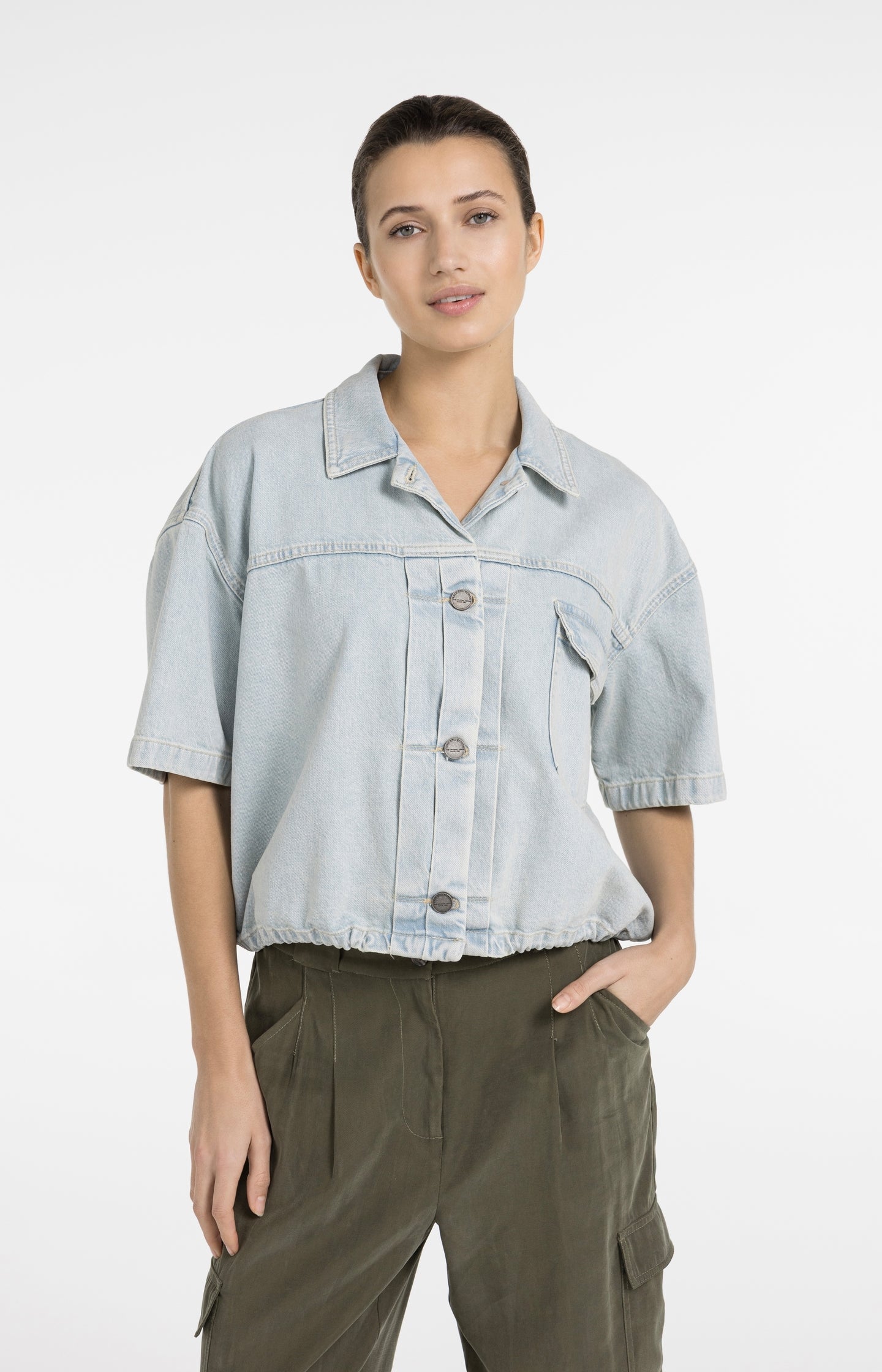 Oversized denim worker jacket with short sleeves