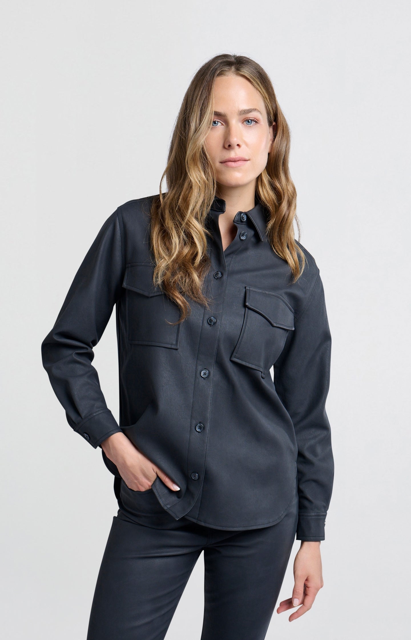 Oversized faux leather blouse with collar and long sleeves