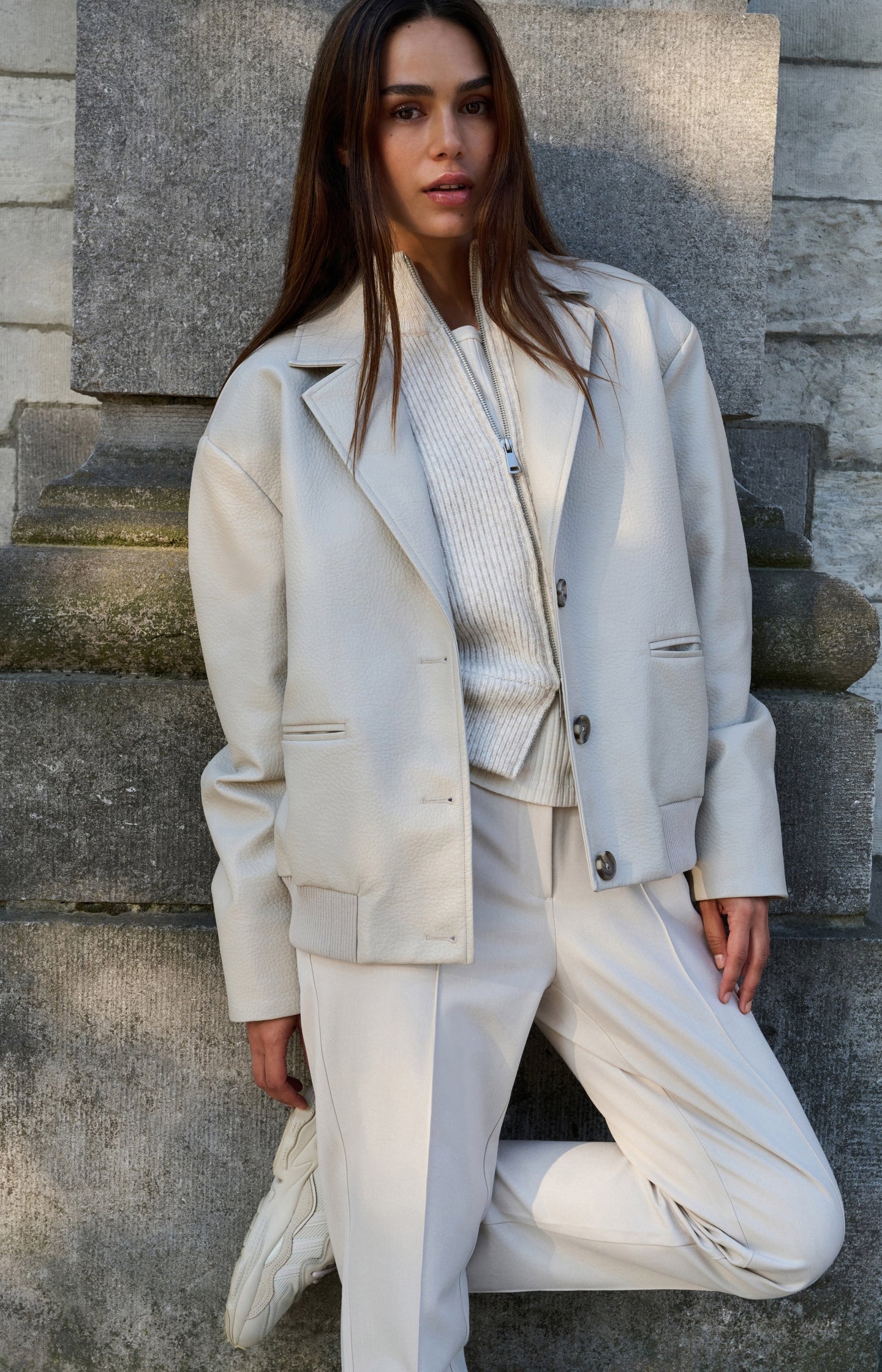 Oversized faux leather jacket with classic collar