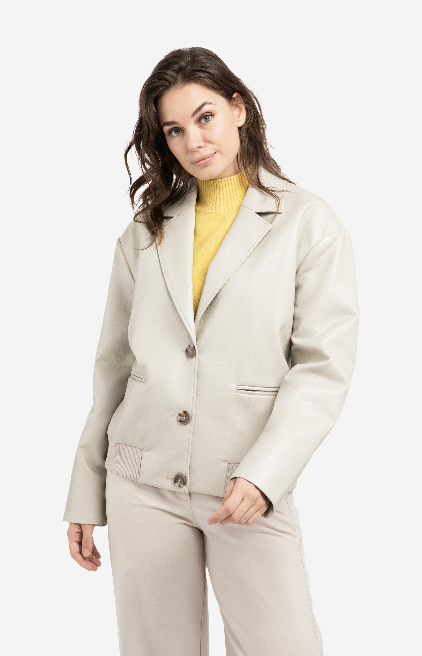 Oversized faux leather jacket with classic collar