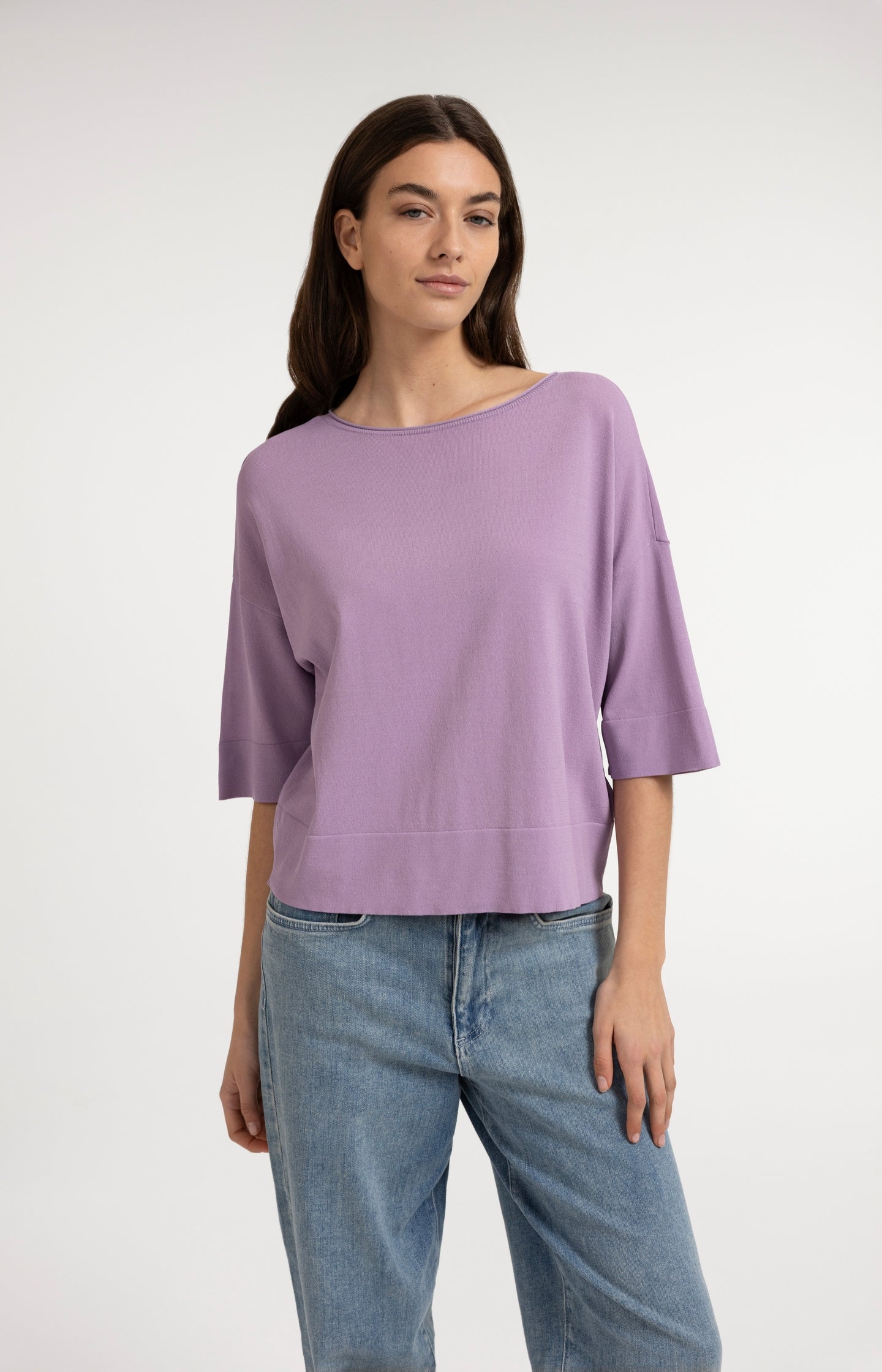 Oversized fine-knit T-shirt with boat neckline