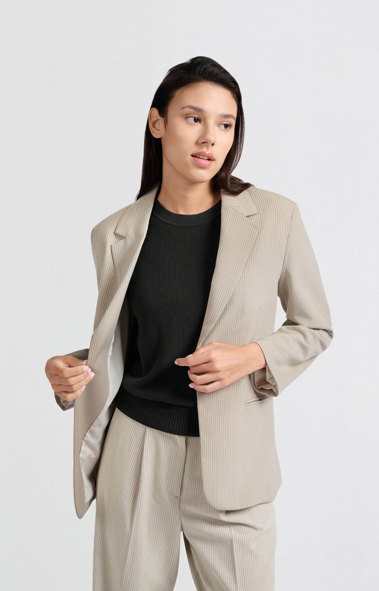 Oversized pinstripe blazer with tie belt