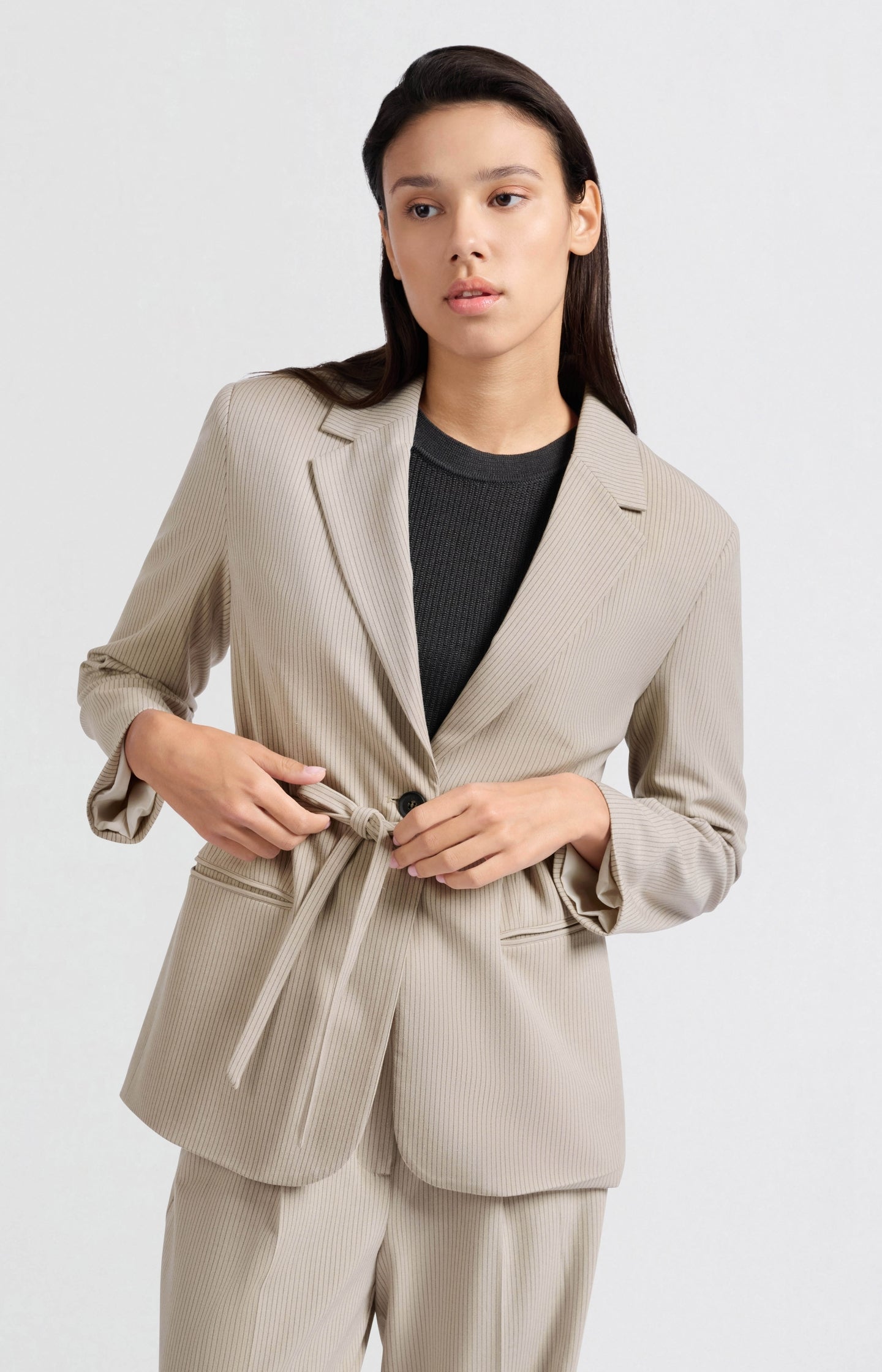 Oversized pinstripe blazer with tie belt