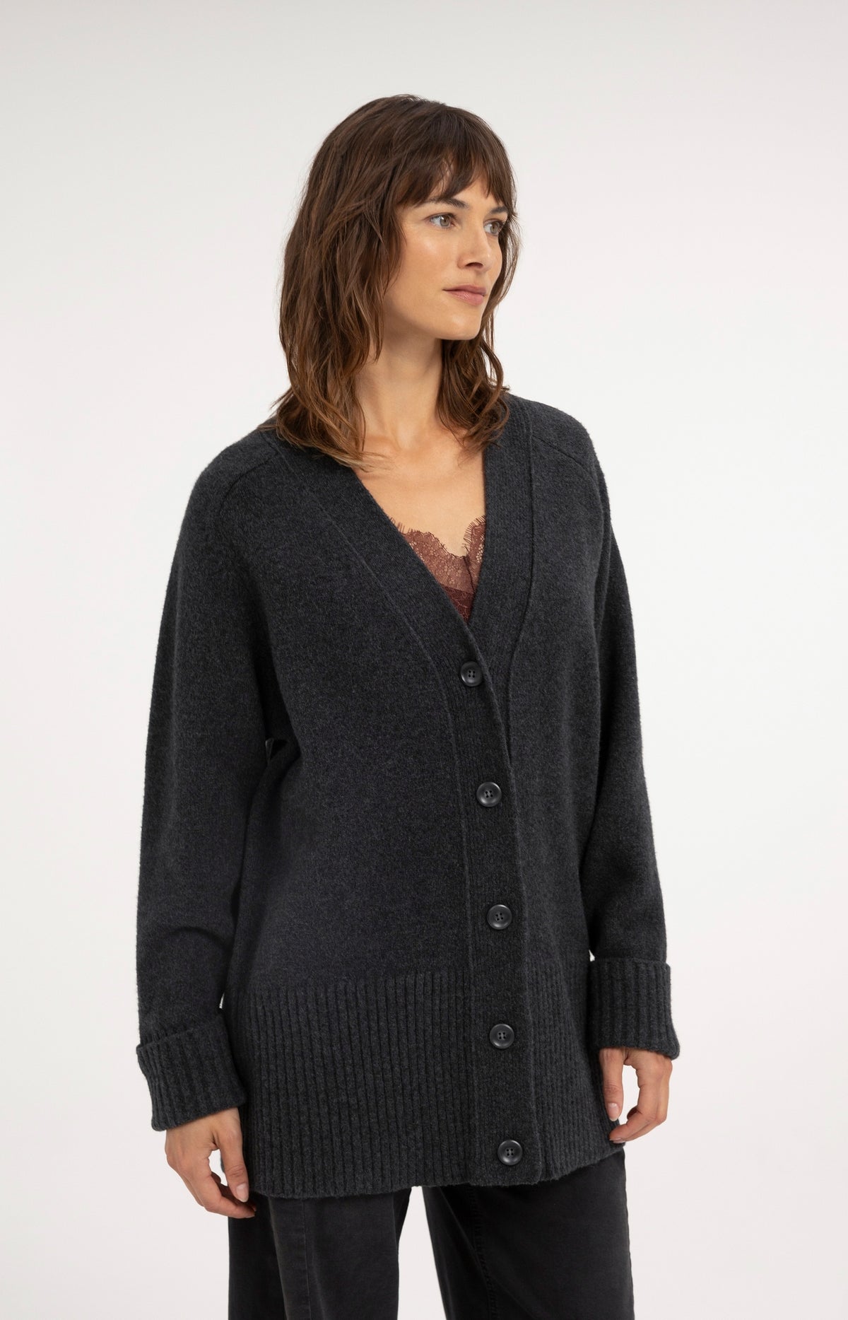 Oversized rib-knit cardigan - Dark Anthracite Melange
