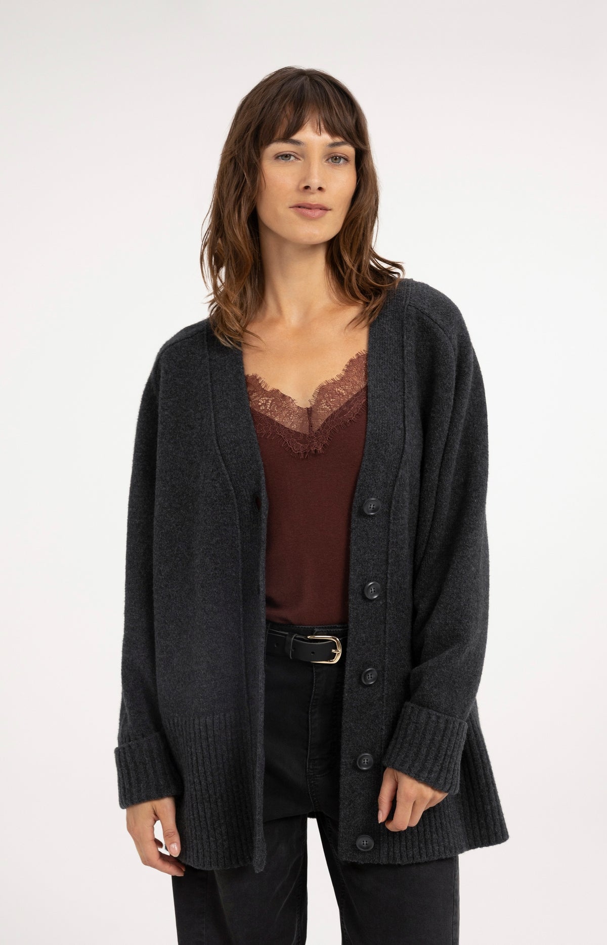 Oversized rib-knit cardigan - Dark Anthracite Melange