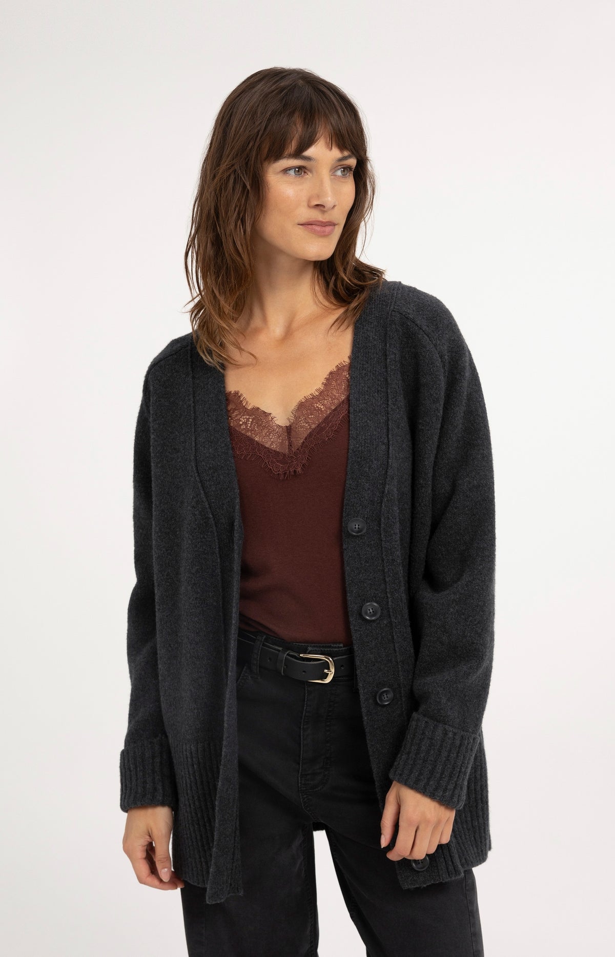 Oversized rib-knit cardigan - Dark Anthracite Melange