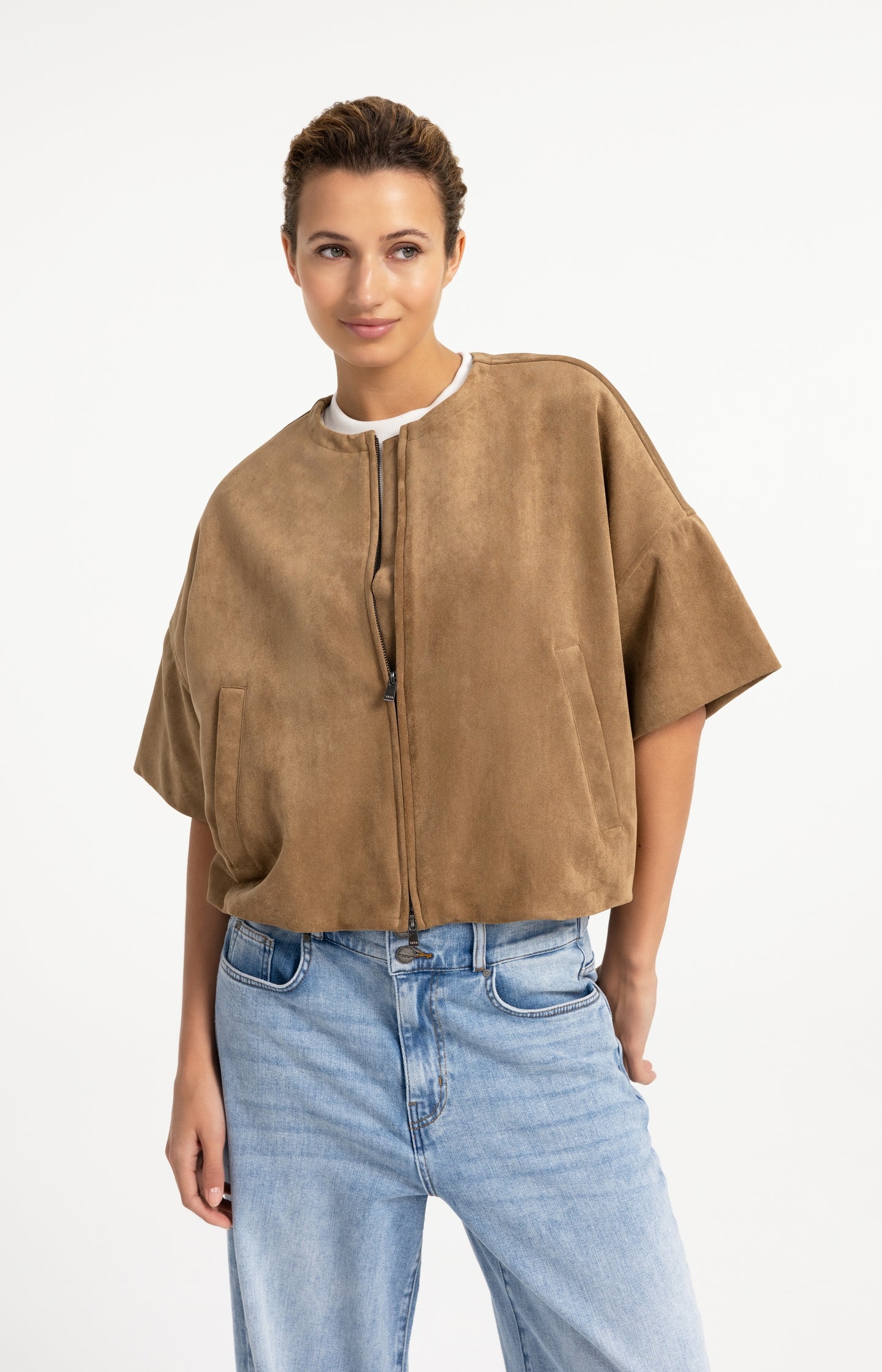 Oversized suedine jacket with short sleeves