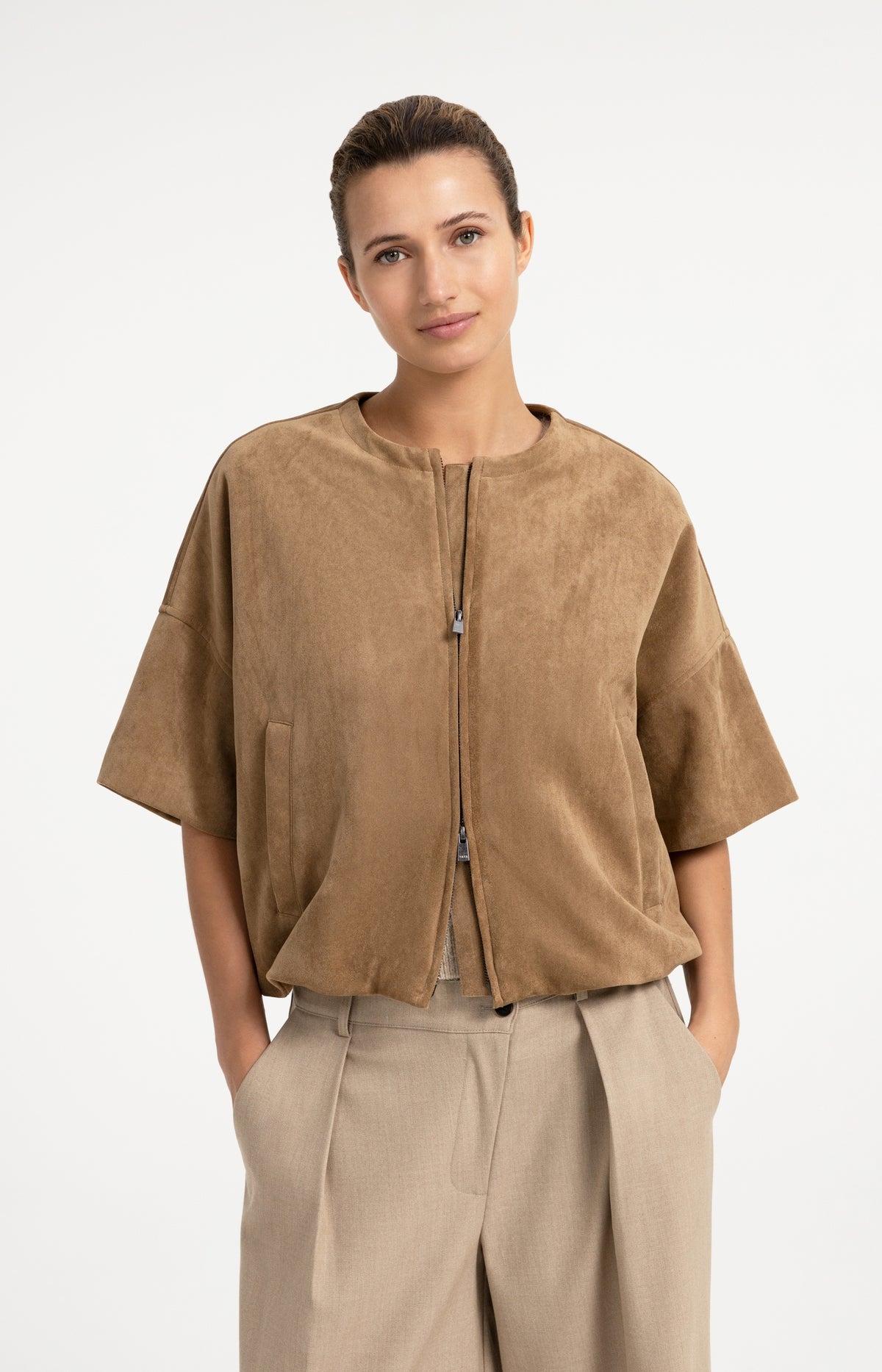 Oversized suedine jacket with short sleeves