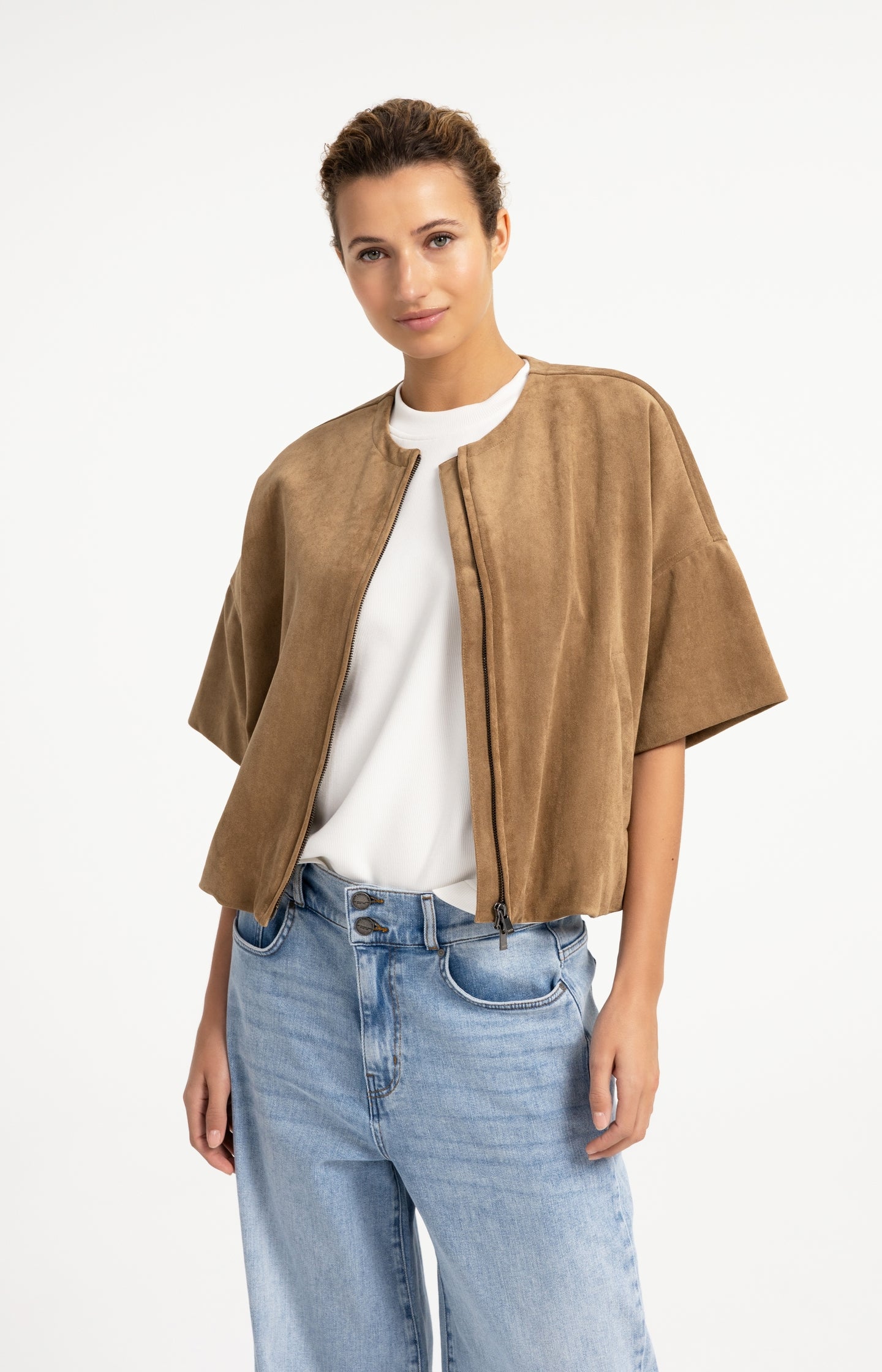 Oversized suedine jacket with short sleeves