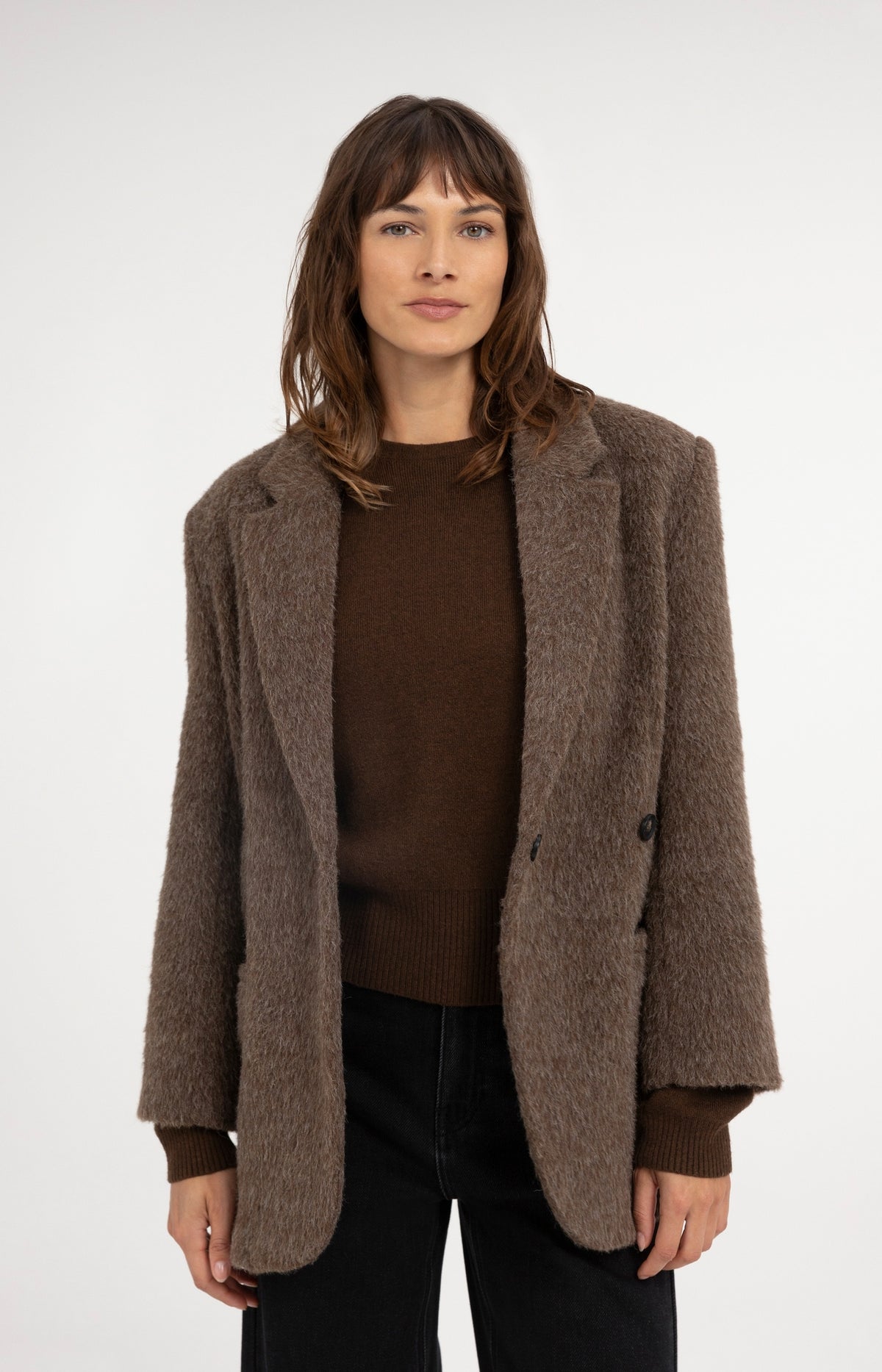 Oversized wool blend blazer jacket - Cocoa Brown Melange