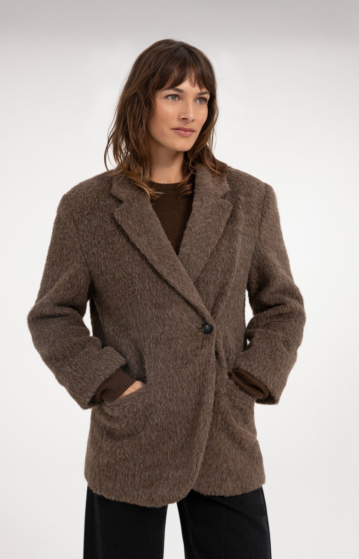 Oversize-Blazerjacke aus einer Wollmischung - Cocoa Brown Melange