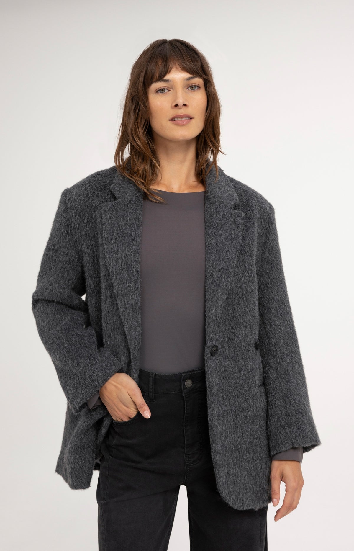 Oversize-Blazerjacke aus einer Wollmischung - Dark Anthracite Melange