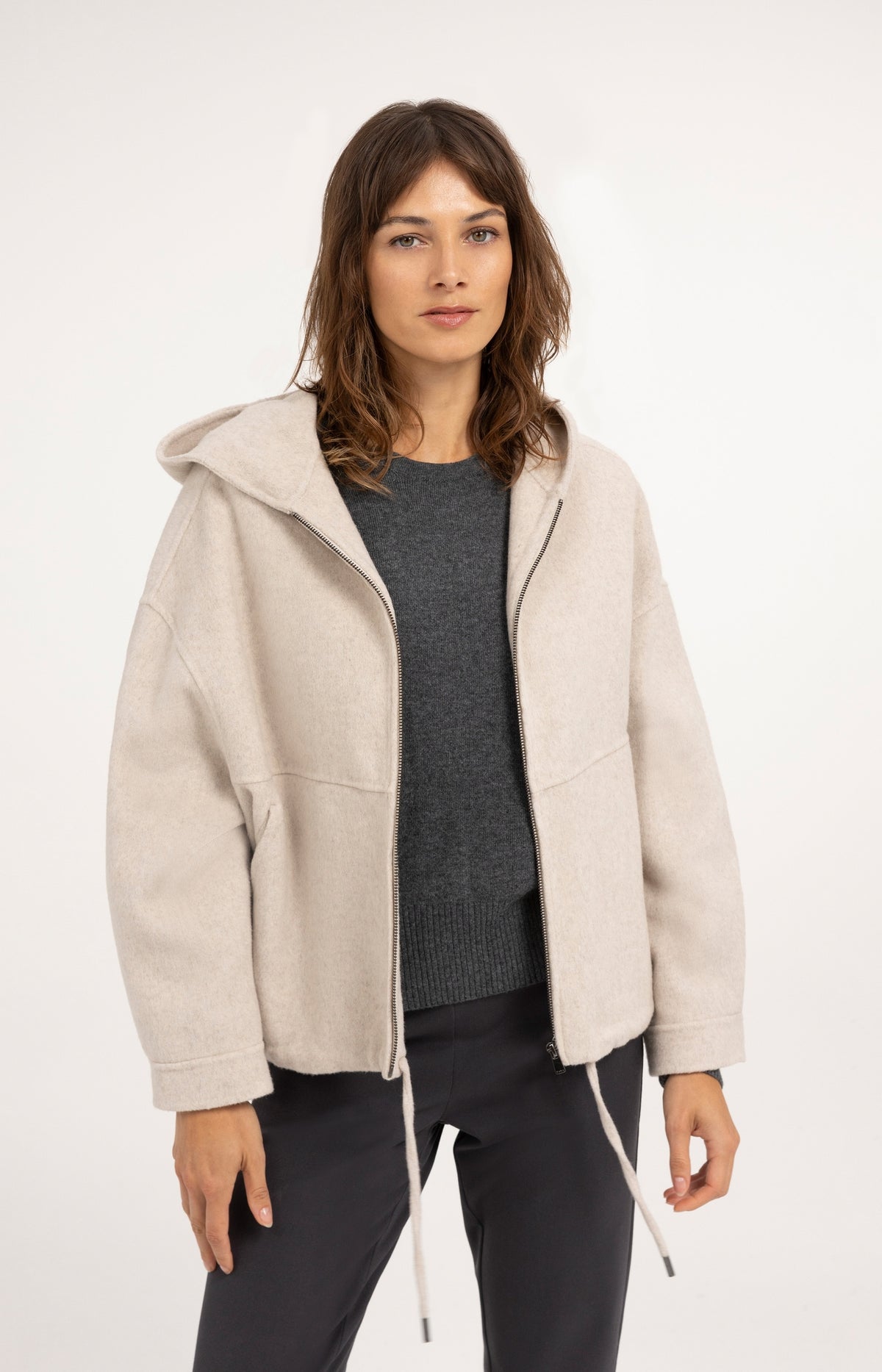 Oversized wool blend jacket with hood - Pure Cashmere Grey Melange