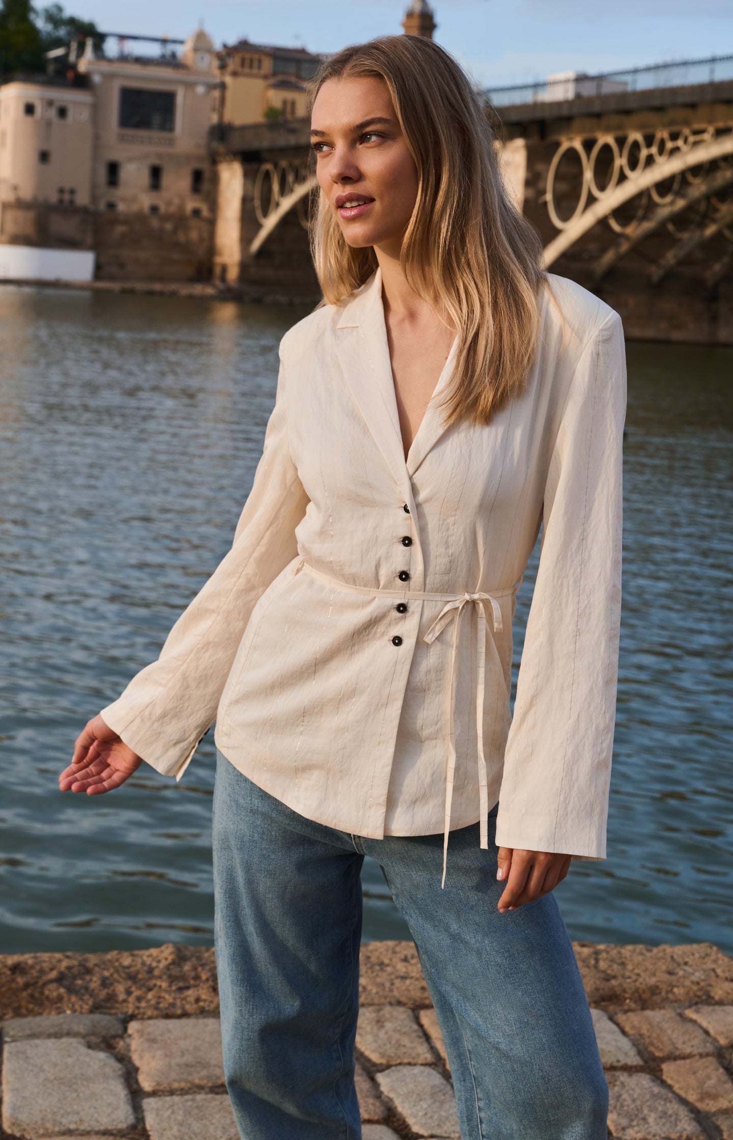 Pinstripe blazer with tie belt