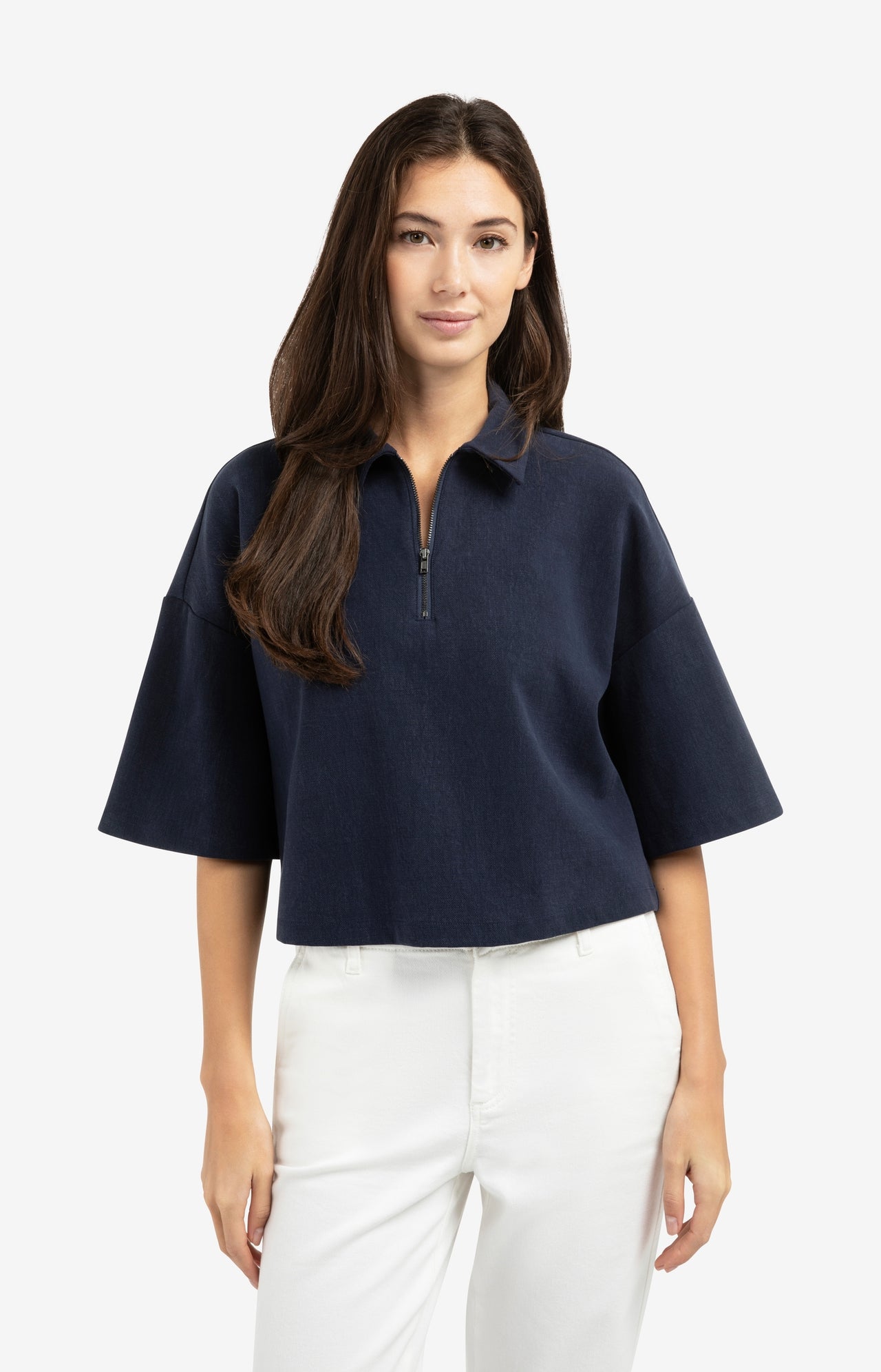 Polo top with half zip and short wide sleeves