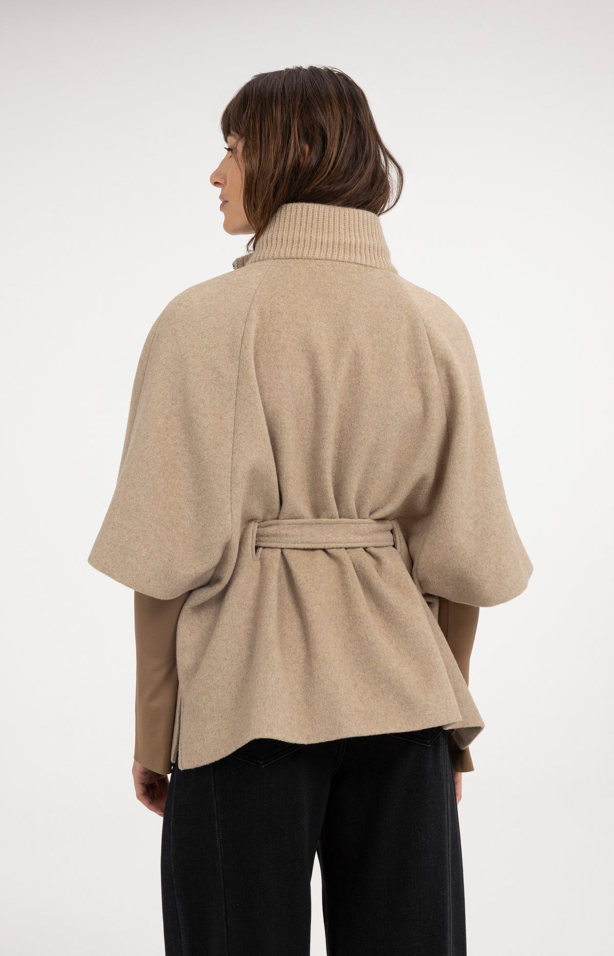 Poncho jacket with rib collar and belt - Pure Cashmere Grey Melange