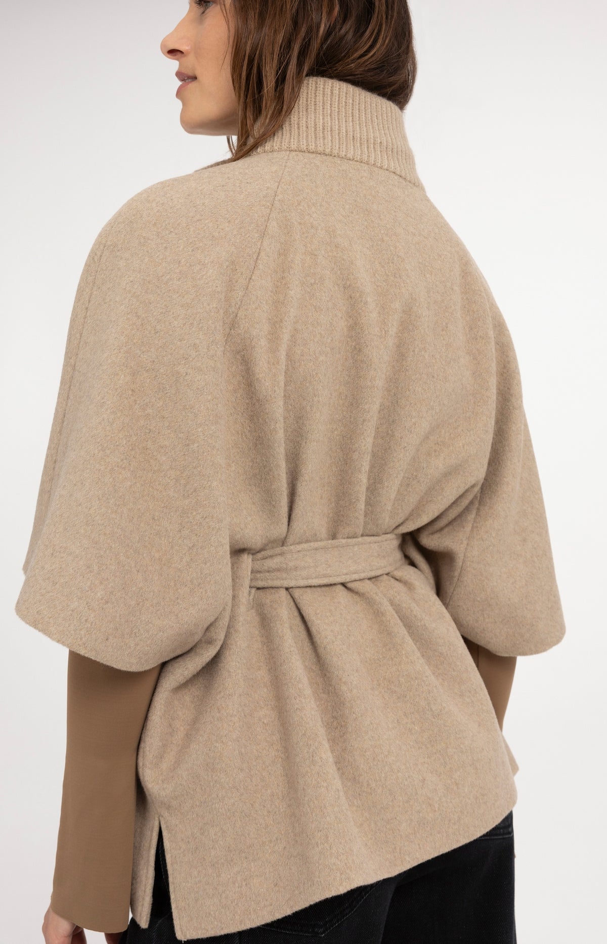 Poncho jacket with rib collar and belt