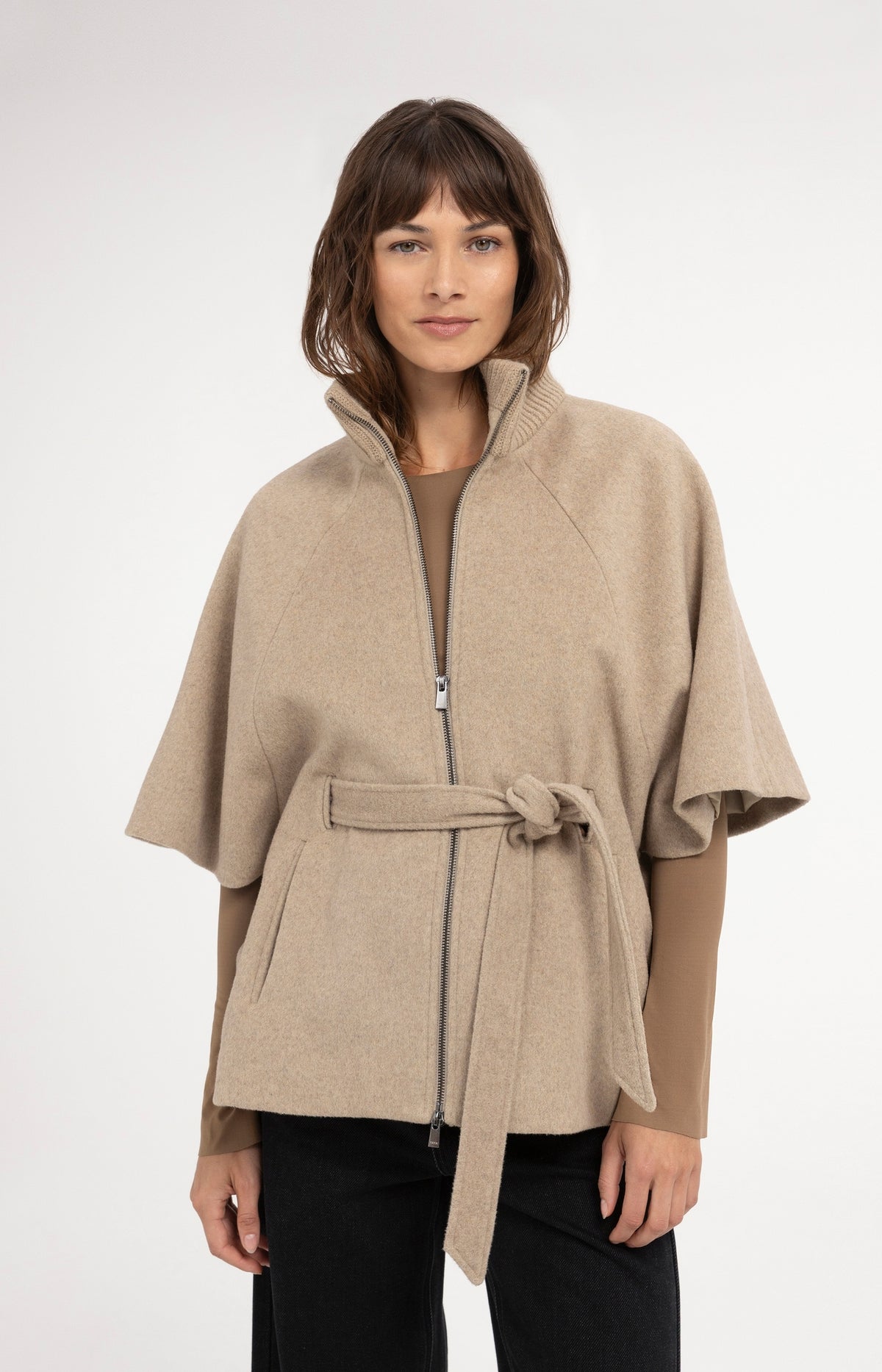 Poncho jacket with rib collar and belt