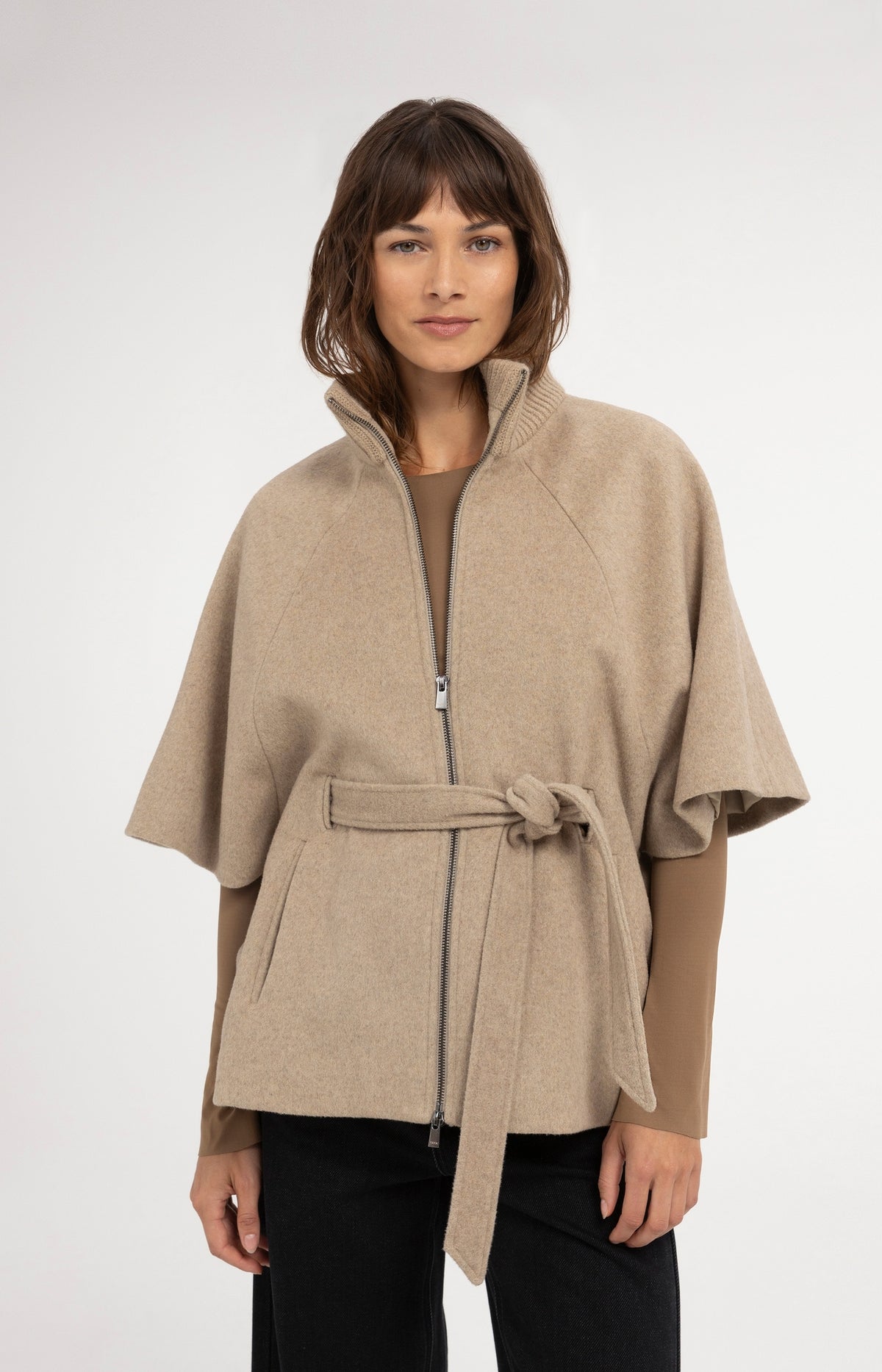 Poncho jacket with rib collar and belt - Pure Cashmere Grey Melange