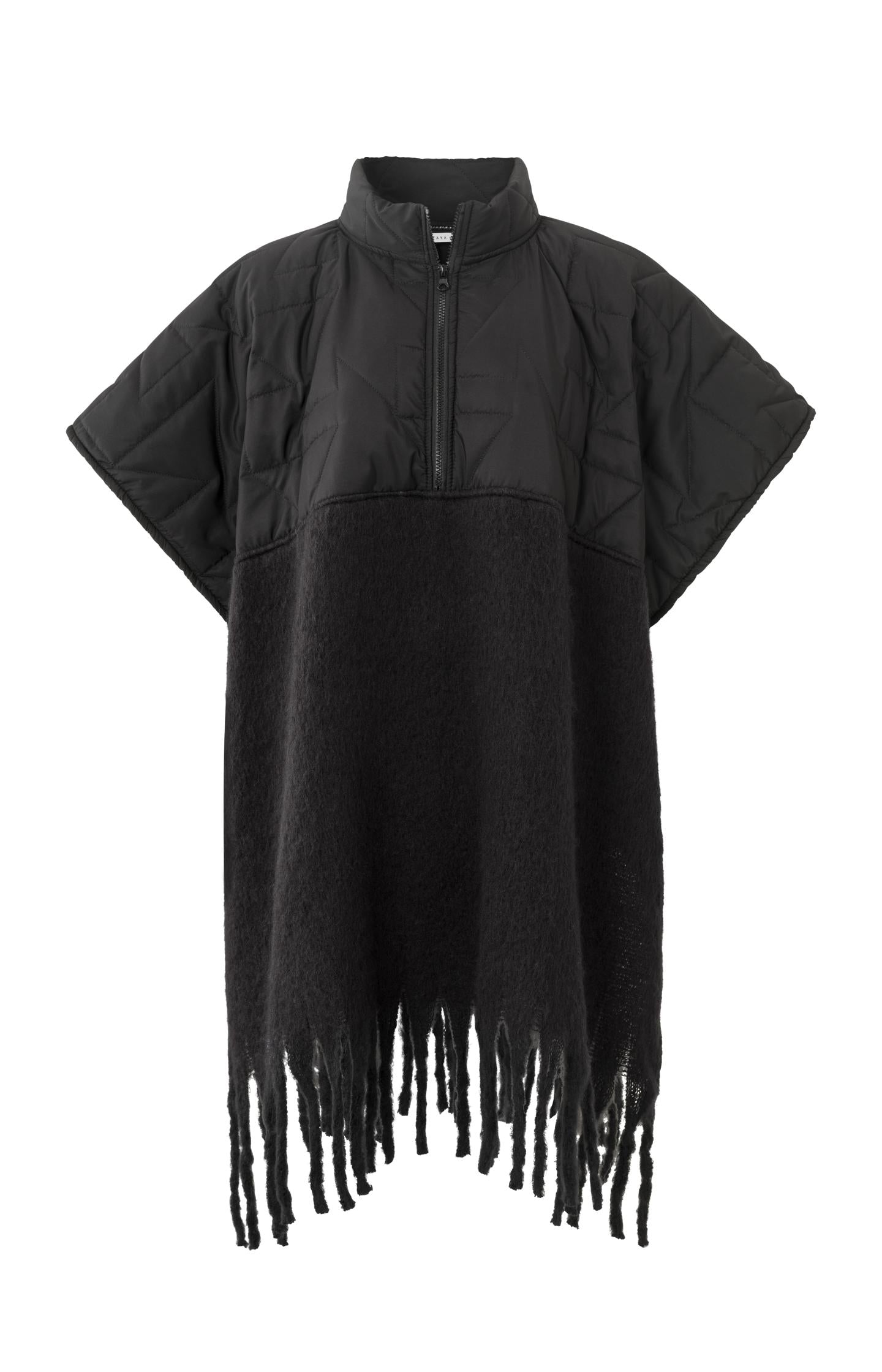 Poncho with zipper, tassels and quilted top - Black - Type: product