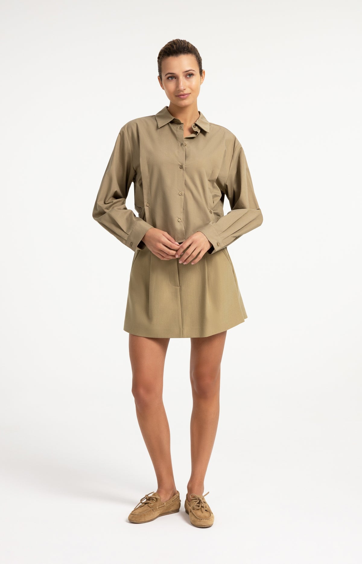 Poplin blouse with adjustable waist and long sleeves - Green