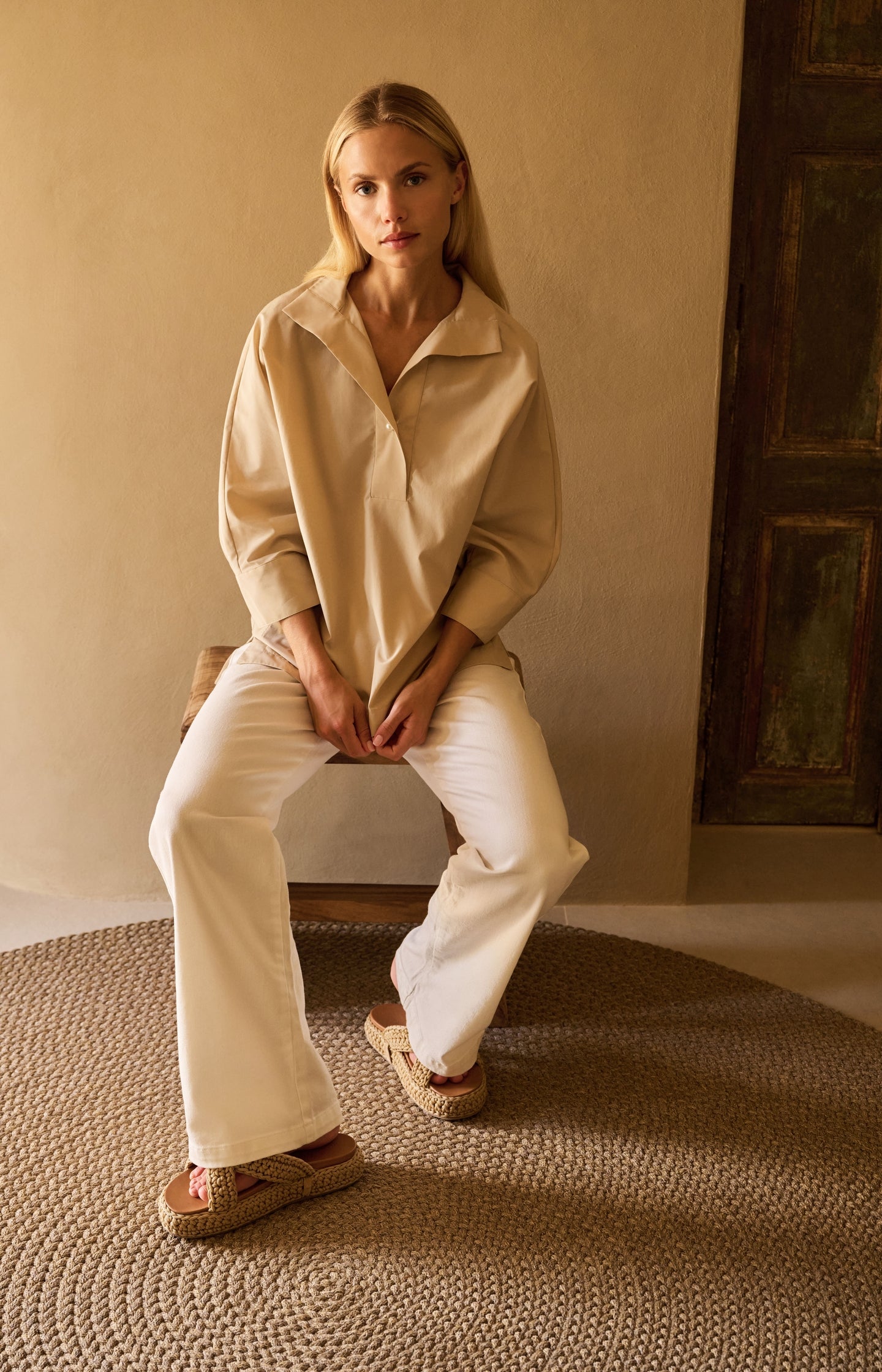 Poplin blouse with polo collar and pearl buttons - Type: lookbook