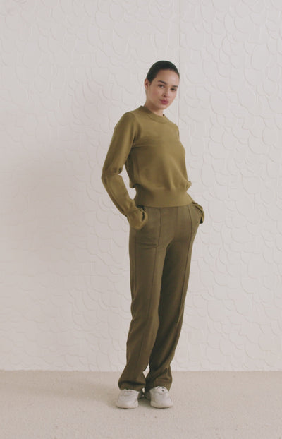 Sweater with round neck and long double puff sleeves