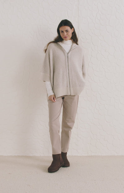 Boucle cardigan with high neck and half long sleeves