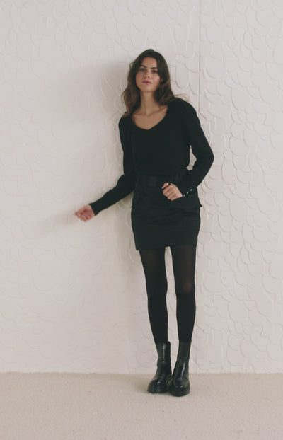 Sweater with deep round neck, long puff sleeves and rib details