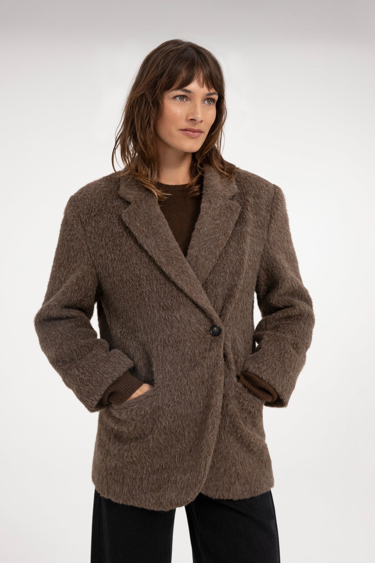 Oversize-Blazerjacke aus einer Wollmischung - Cocoa Brown Melange