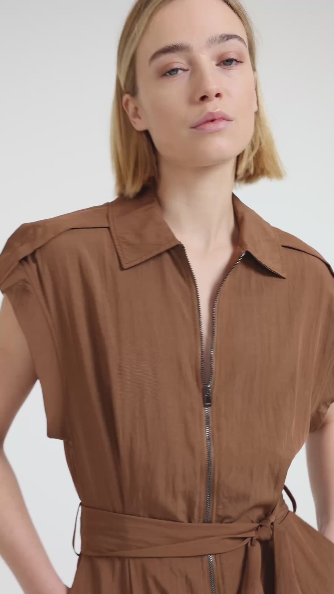 Woven playsuit with zip and tie belt - Type: video