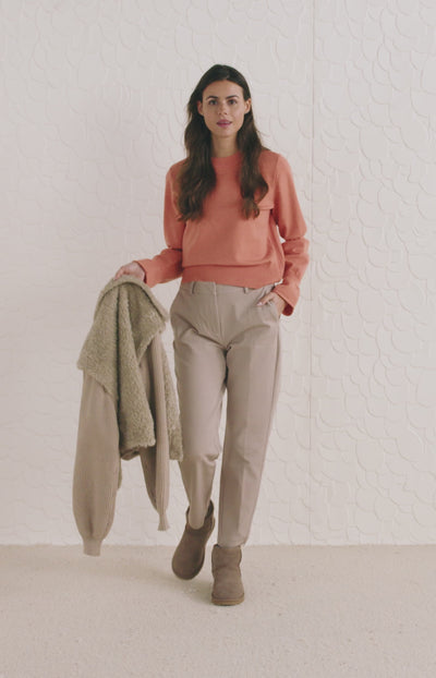 Sweater with round neck and long double puff sleeves