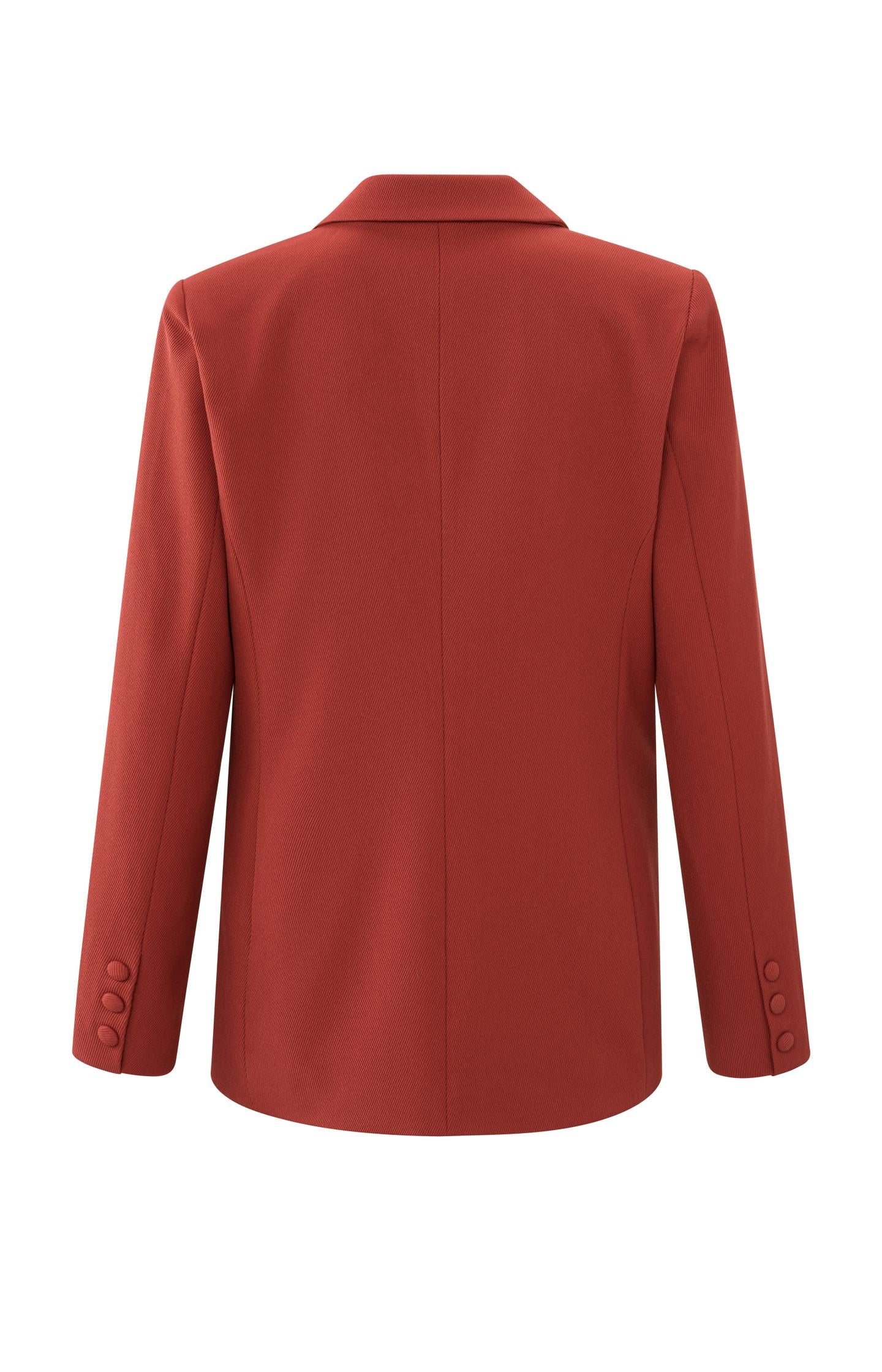 Red twill blazer with long sleeves, pockets and a button