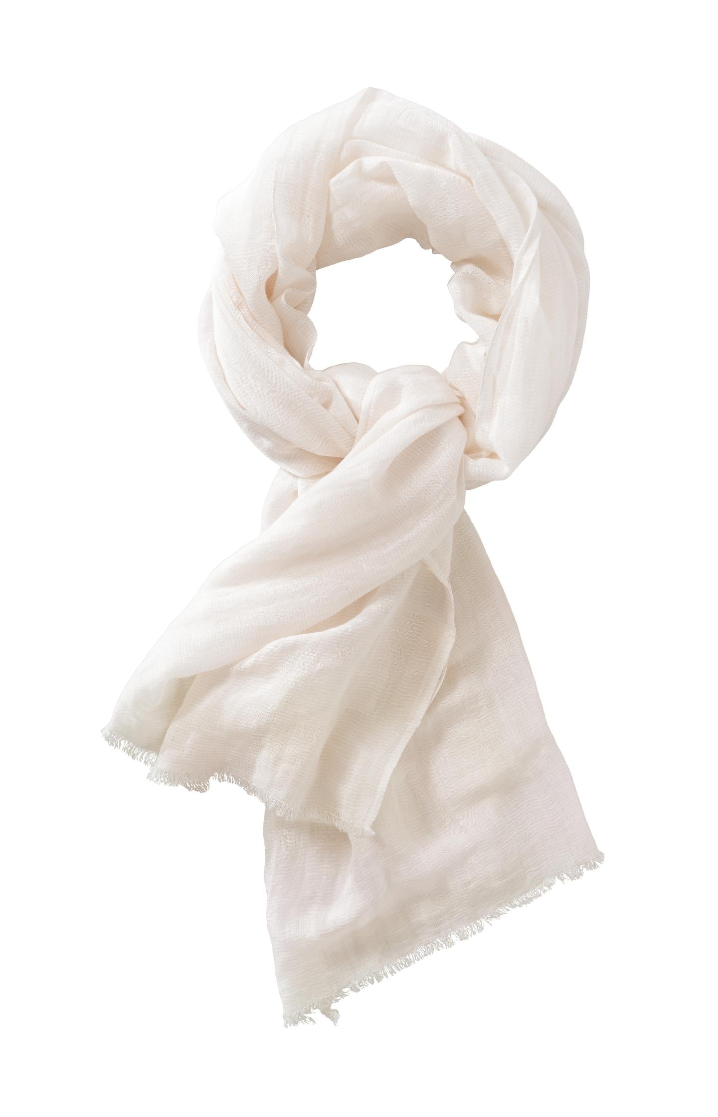 Refined linen summer scarf with stripes and frayed details - Type: product