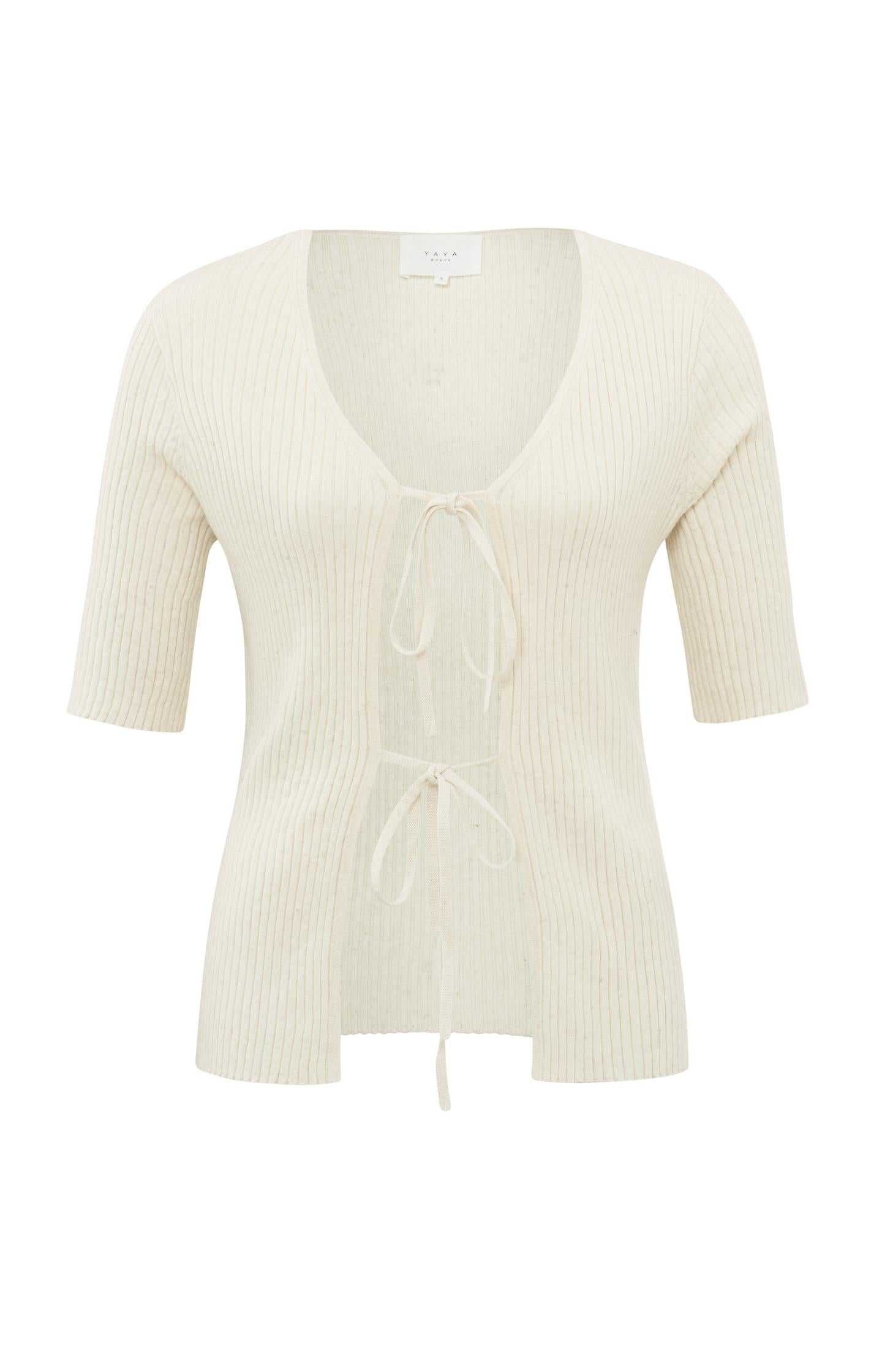 Rib knitted cardigan with half long sleeves and bow details - Type: product