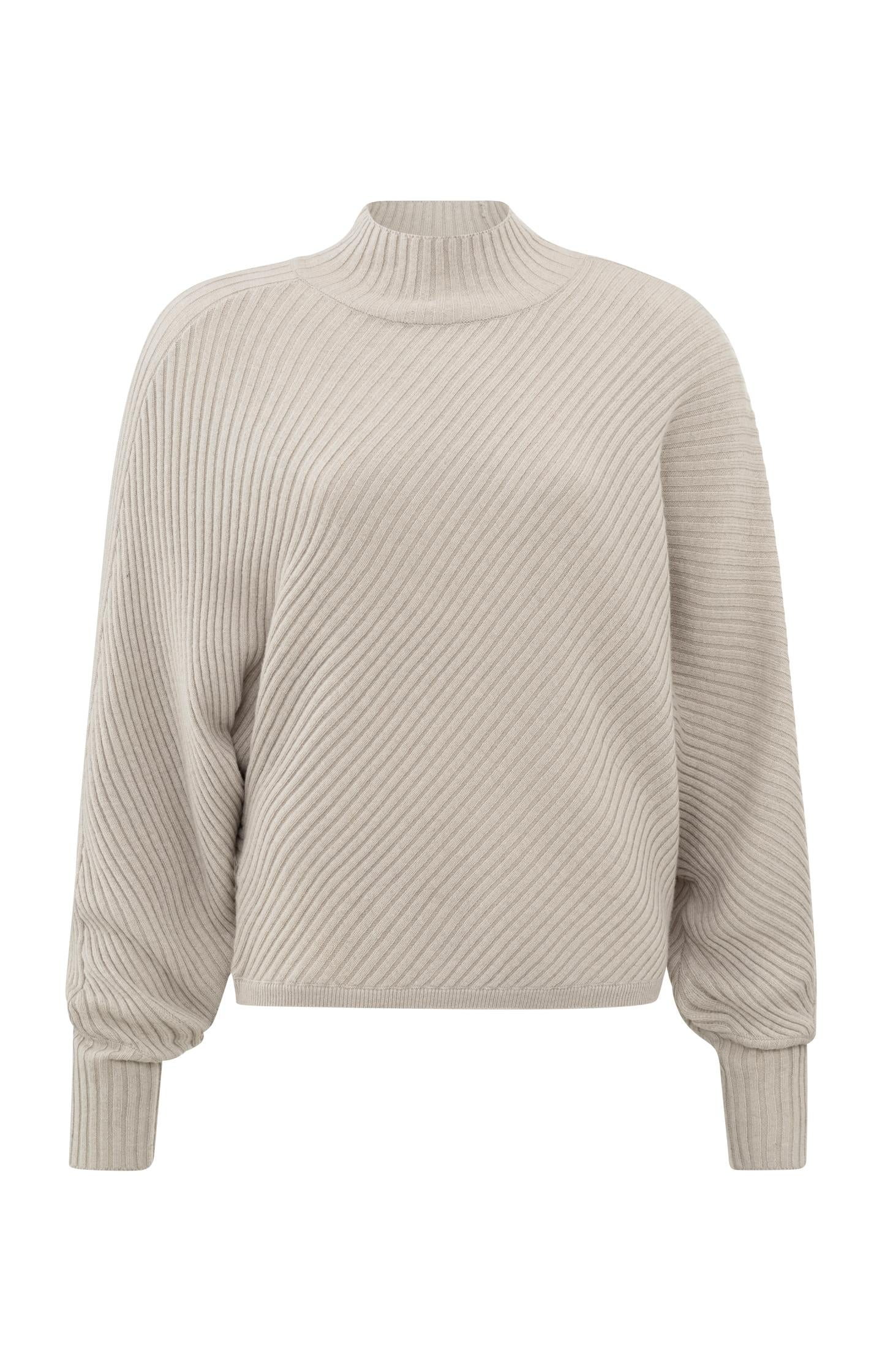 Ribbed beige sweater with high neck and batwing sleeves - Dove Gray Melange - Type: product