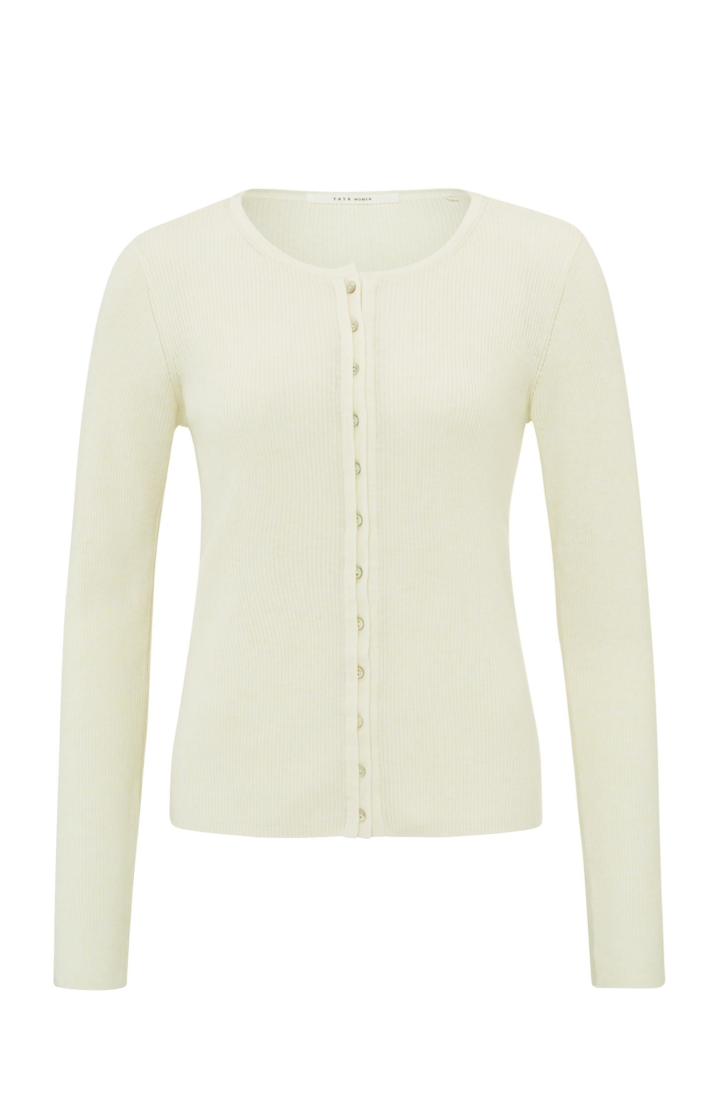 Ribbed cardigan with round neck, long sleeves and buttons - Ivory White Melange - Type: product