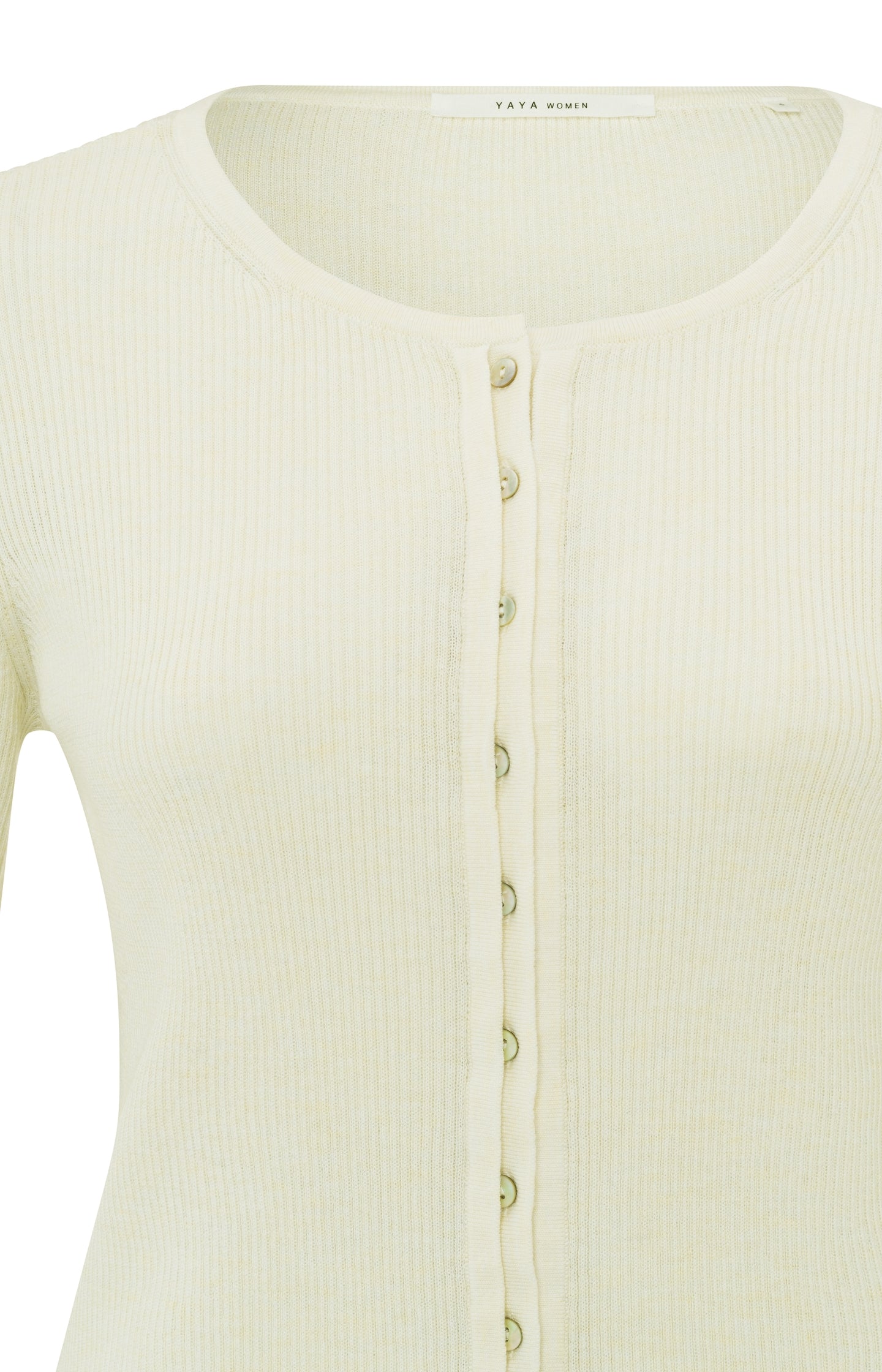 Ribbed cardigan with round neck, long sleeves and buttons - Ivory White Melange