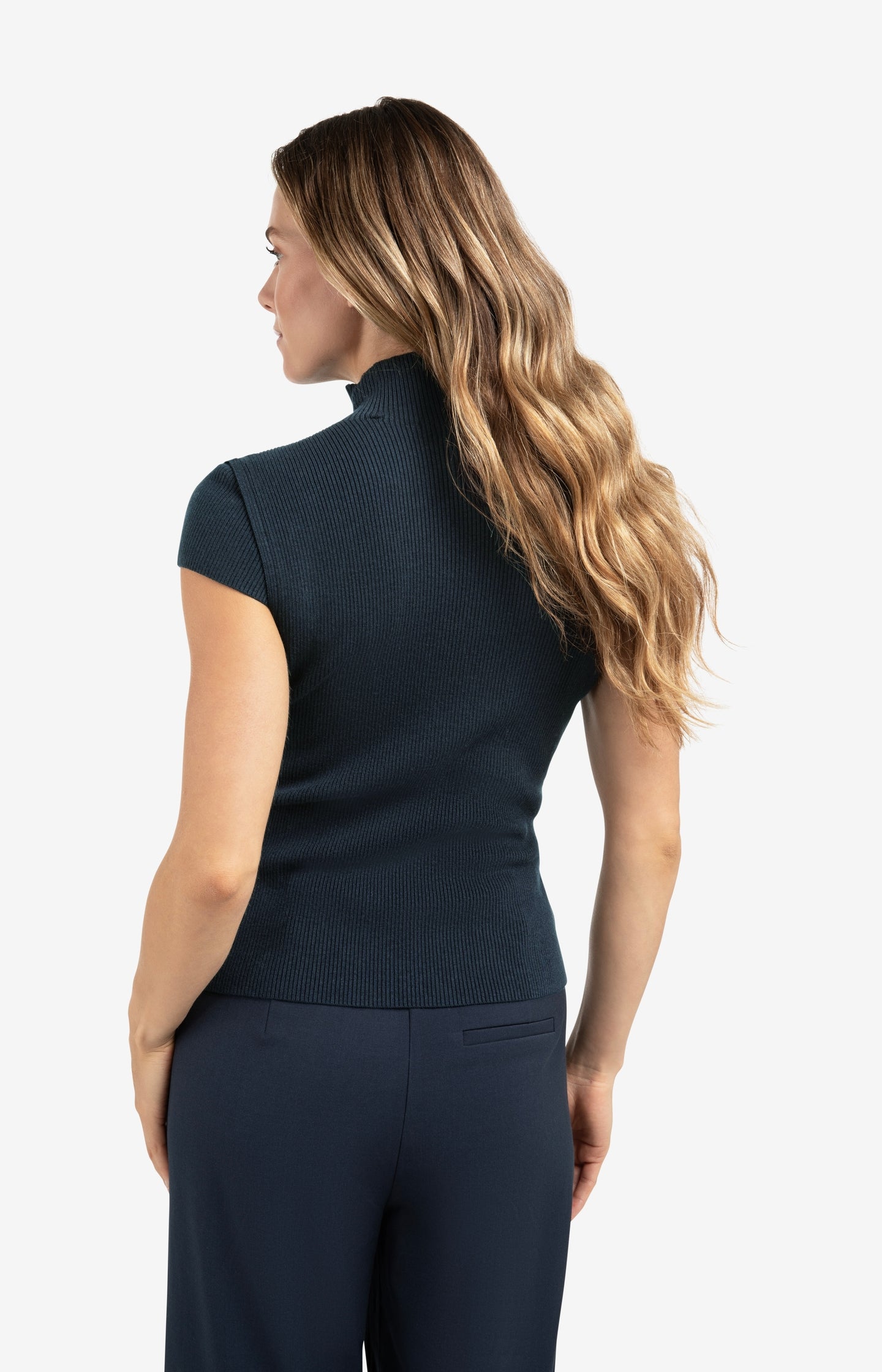 Ribbed fitted top with mock neck and seam detail
