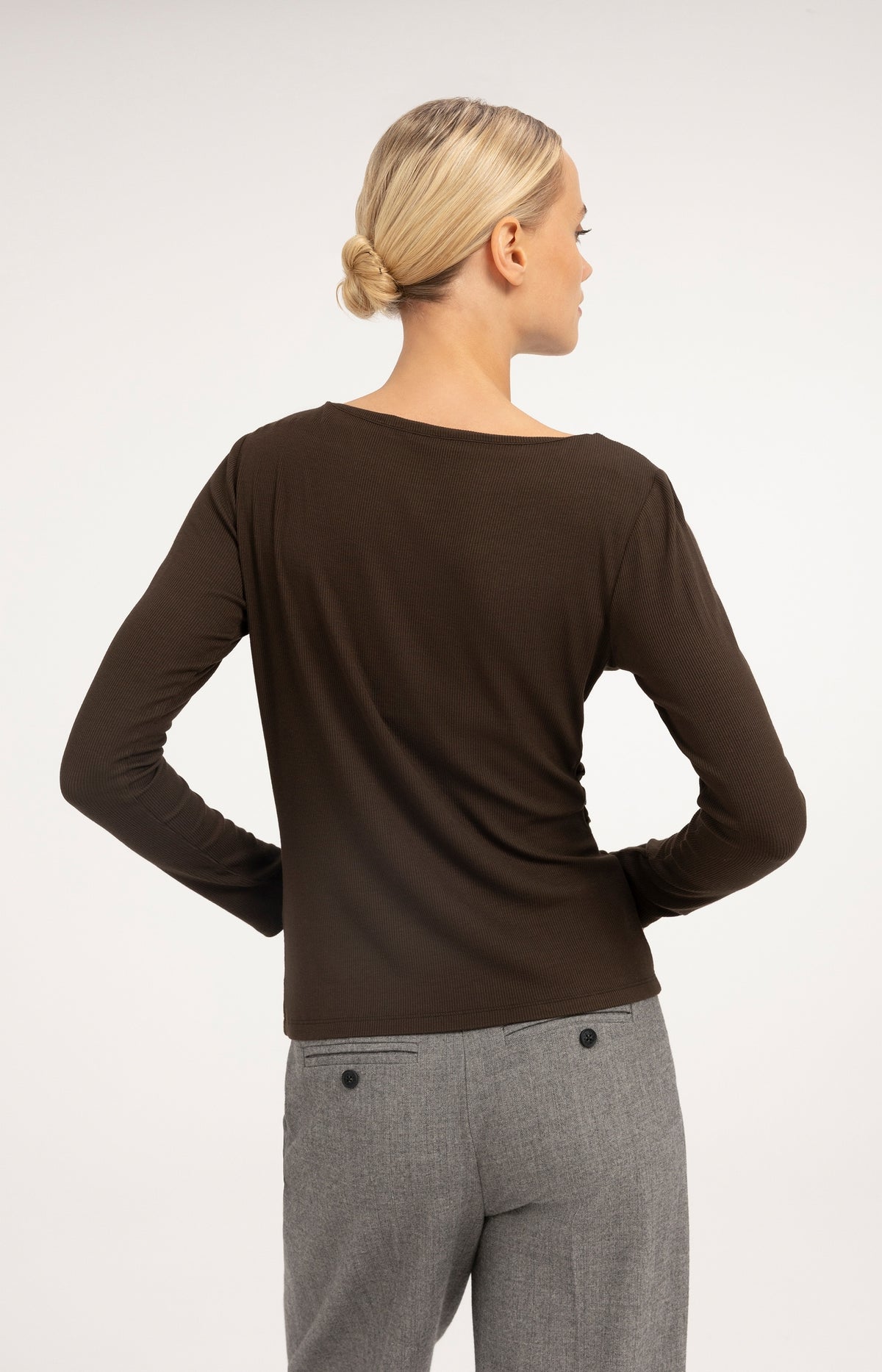 Ribbed jersey top with pleated drape - Delicioso Brown