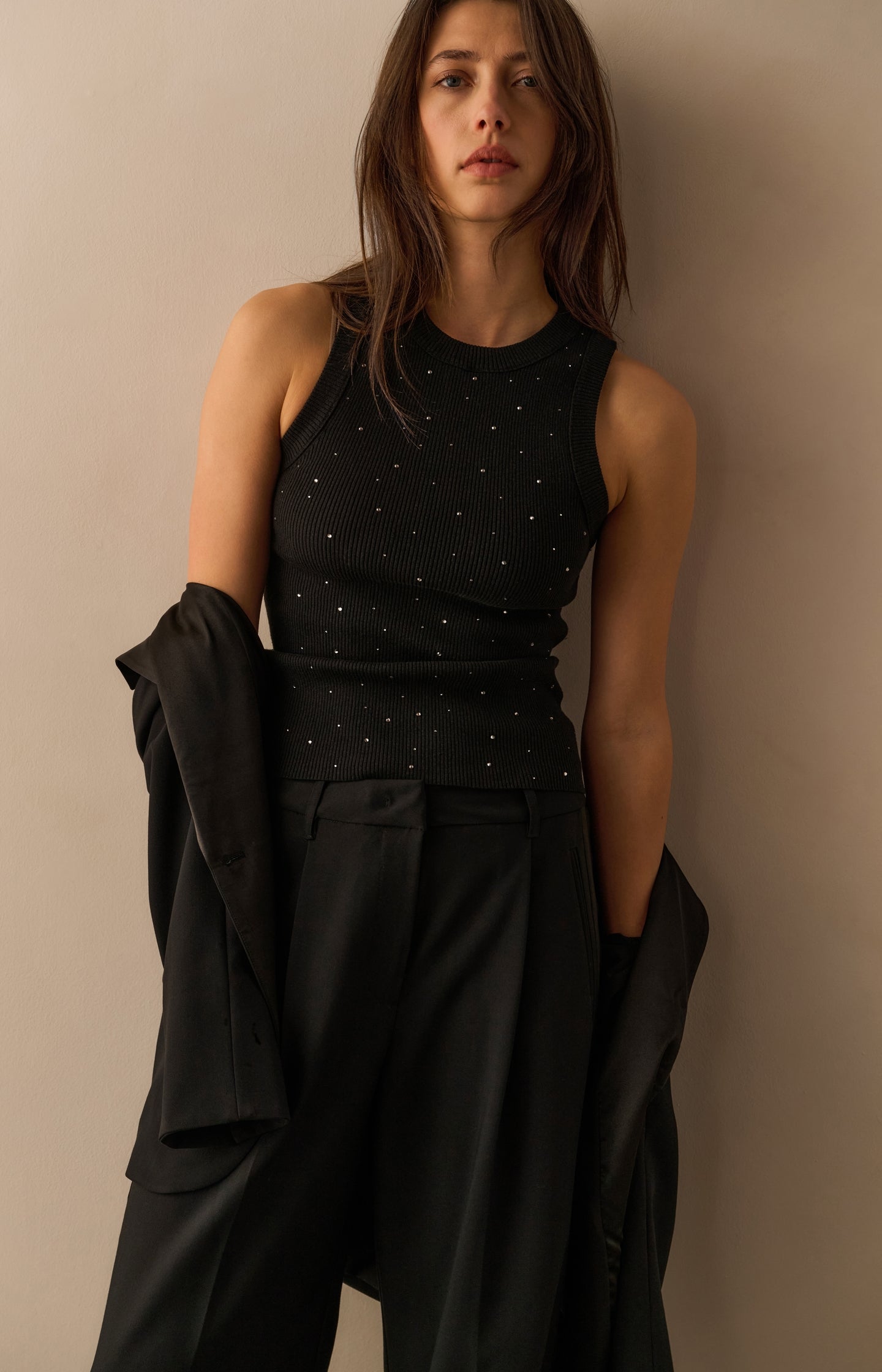 Ribbed knitted tank top with subtle shine details