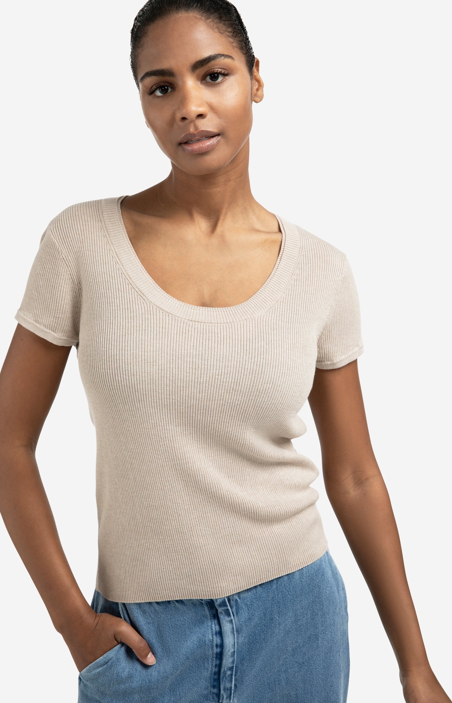 Ribbed short sleeve top with double neckline