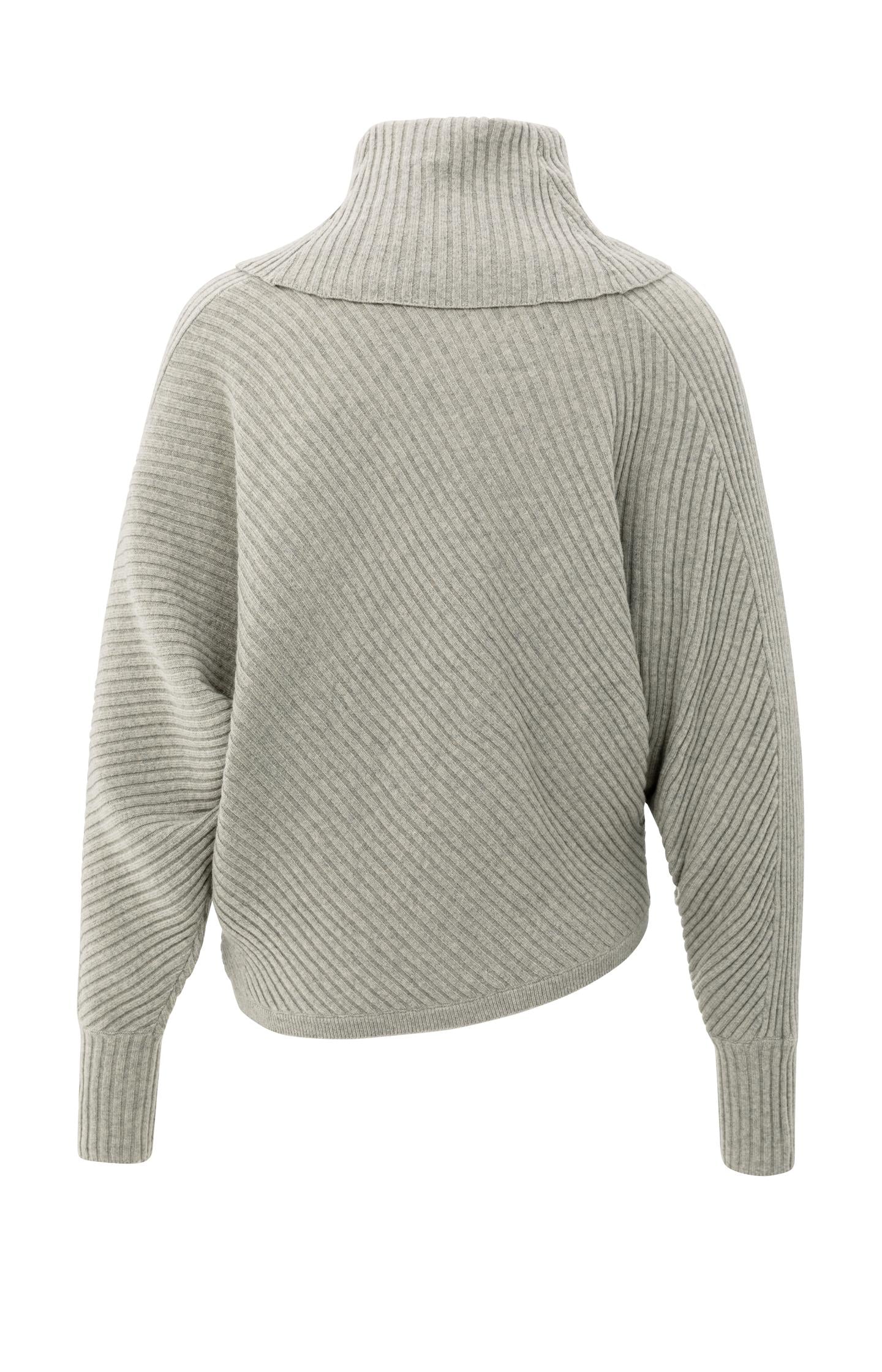 Ribbed sweater with batwing sleeves and high collar